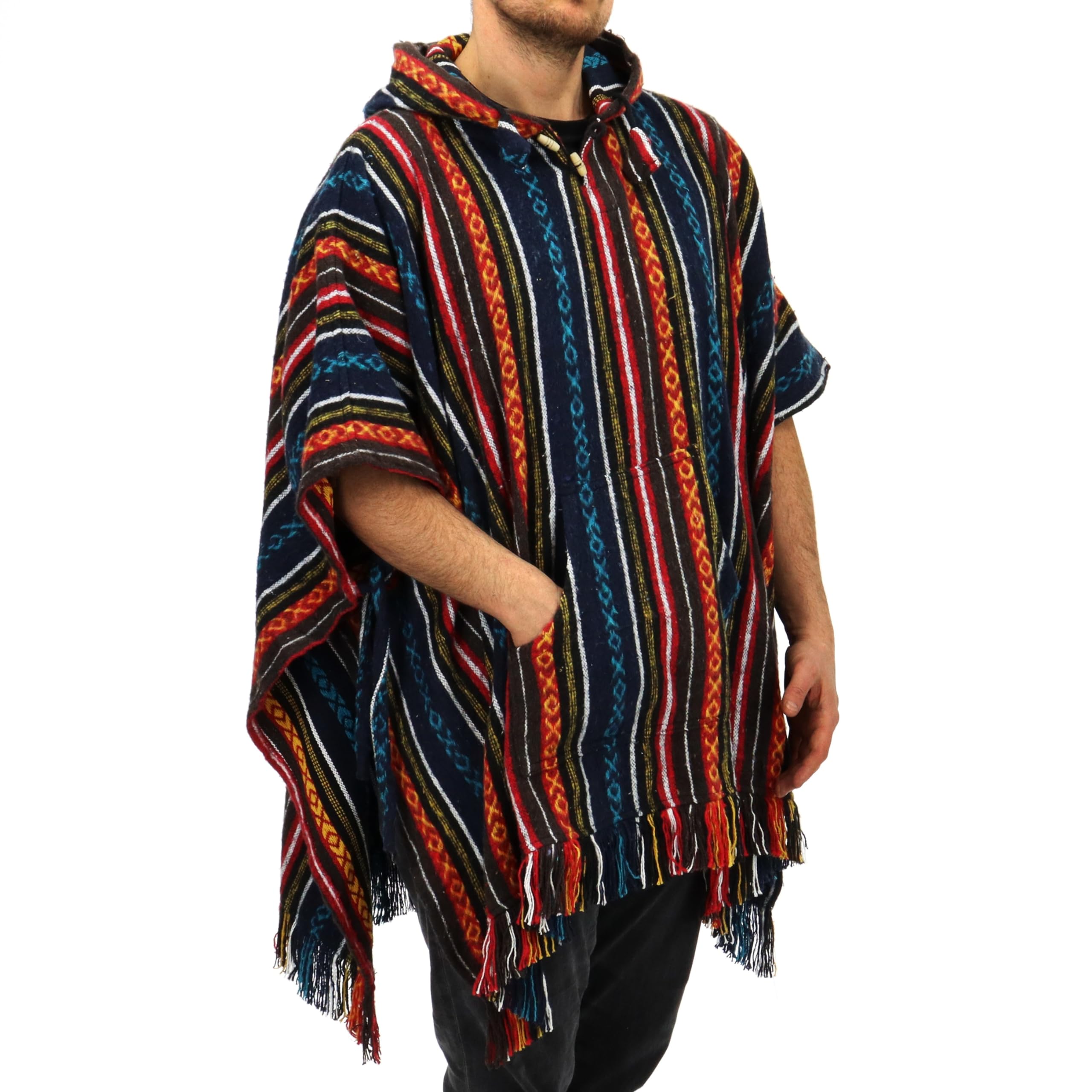 Loudelephant Men's Blue & Red 100% Woven Gheri Cotton Mexican Style Hooded Poncho