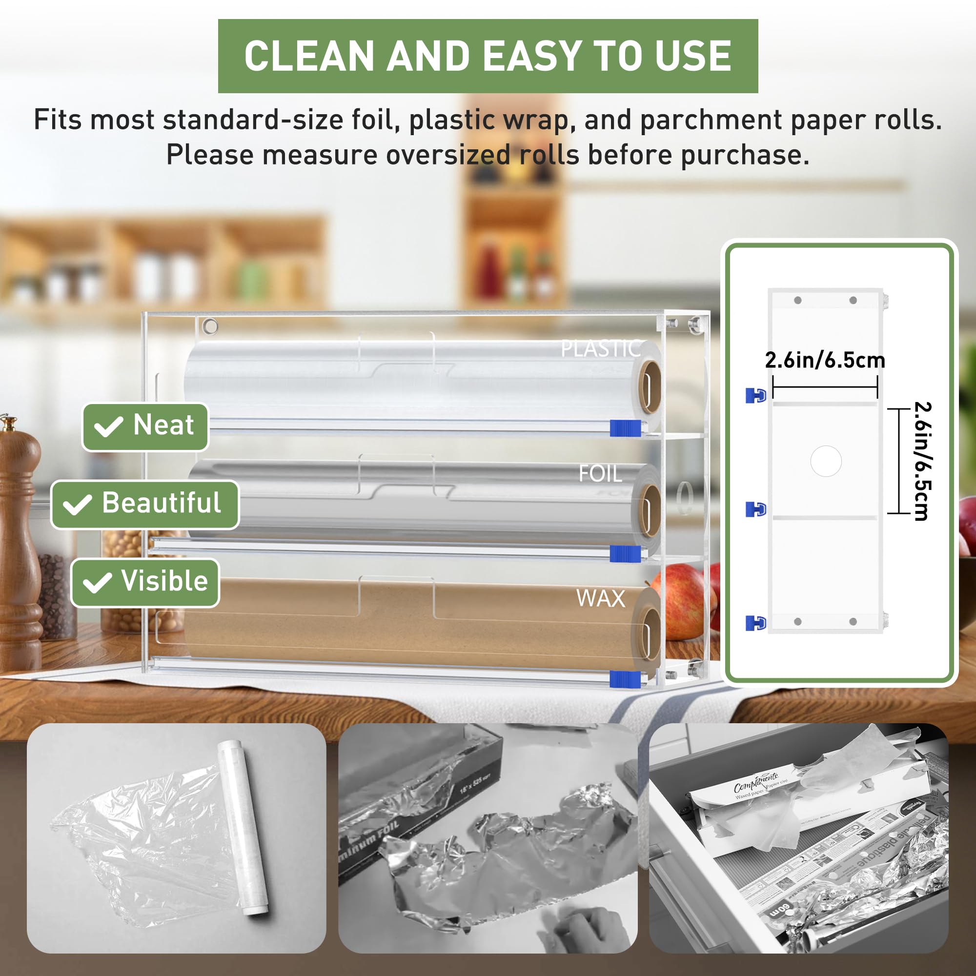 Dispensador de plástico con Cortador y Almohadilla Antideslizante, Organizador 3 en 1 Compatible con Rollo de Papel de Cera y Papel de Cera de 12 Pulgadas, cajones de Cocina, encimera o Montaje en