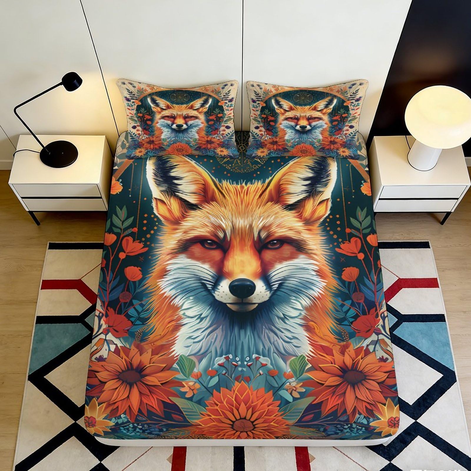 3D Printed Fox Forest Fitted Sheet Microfiber Autumn Flowers Mattress Cover for Bedroom Guest Room Decor 90x200x25cm