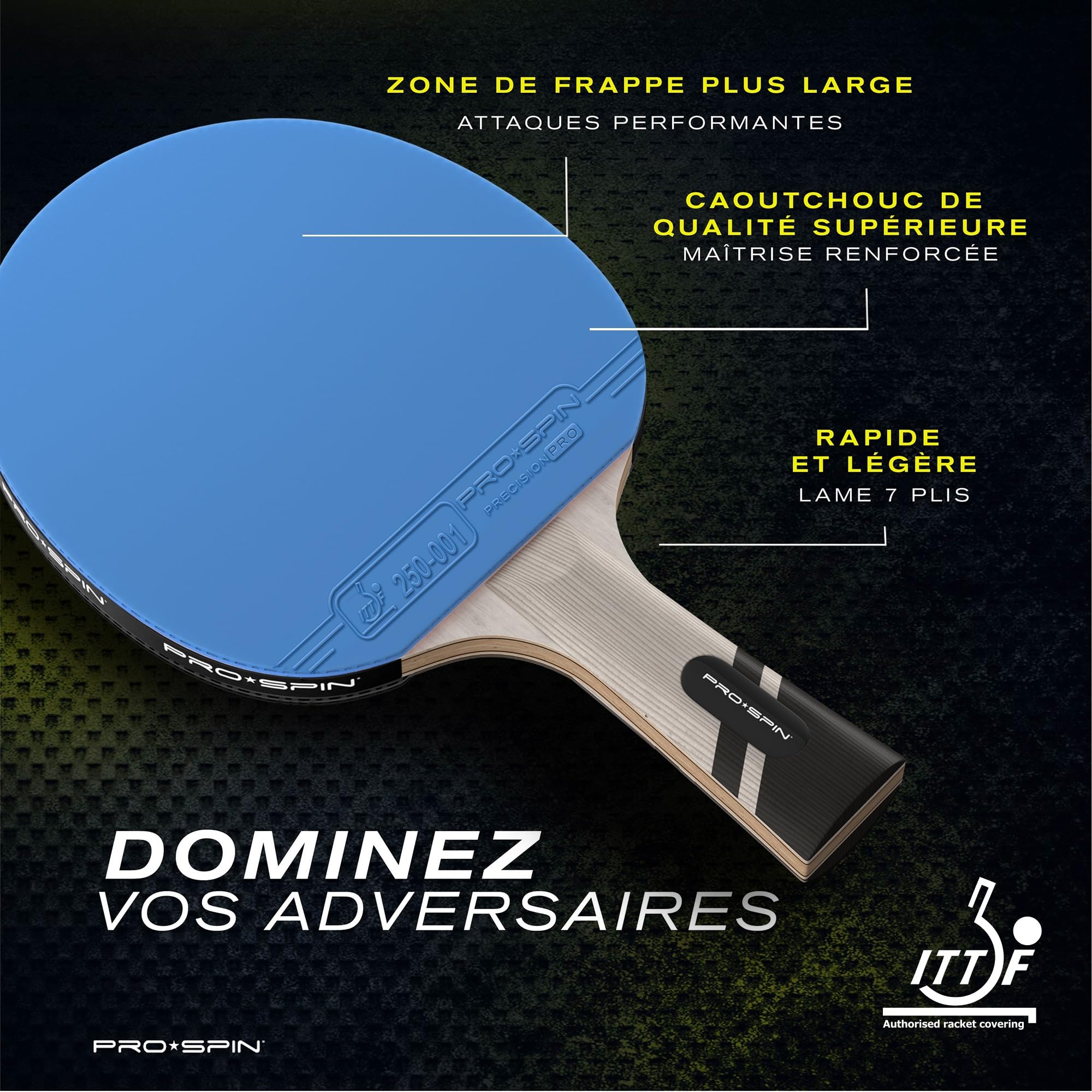 Raquette de Ping Pong PRO-SPIN Série Elite 7 Plis Fibre de Carbone Homologuée ITTF