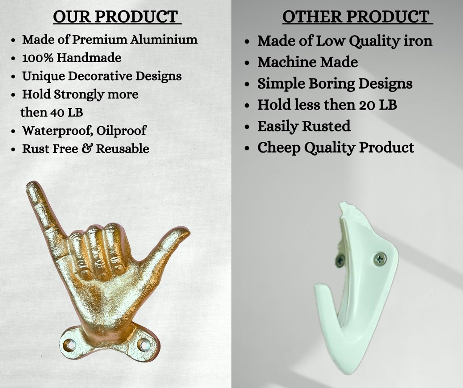 Set of 3 Hand Gesture Decorative Wall Hooks, 4 Inches High-Hang Loose-Rock On-Cross Fingers Gestures. Unique Stylish Key or Towel Hangers Backpack Hanger-Coat Hooks Home Decor for Storage (Gold)