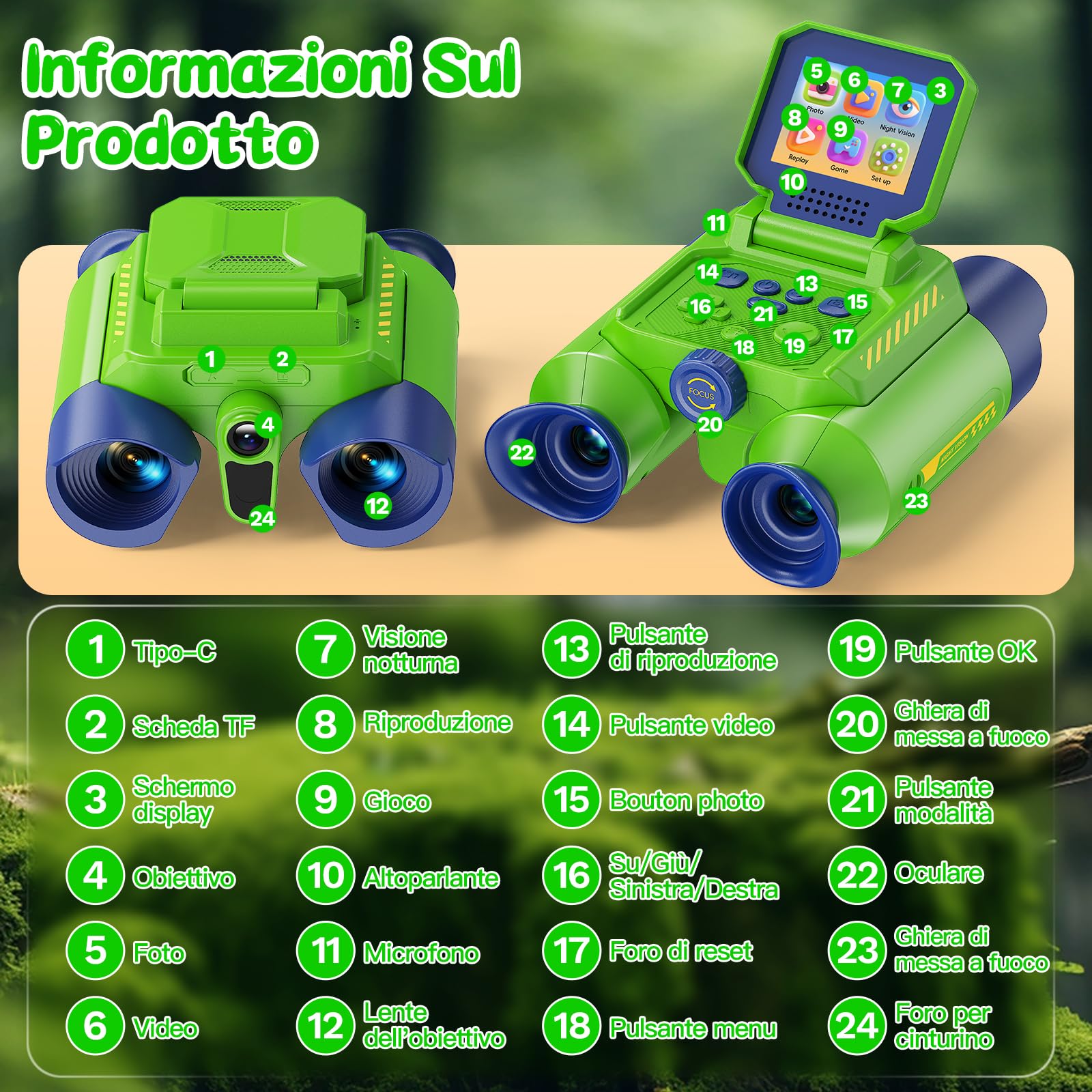 Binocolo Bambini con Fotocamera, Visione Notturna(Verde) | Binocolos Interattivo con Zoom Ottico 10x, Foto 48 MP e Video in 1080P, Esplorazione Natura regalo per bambini