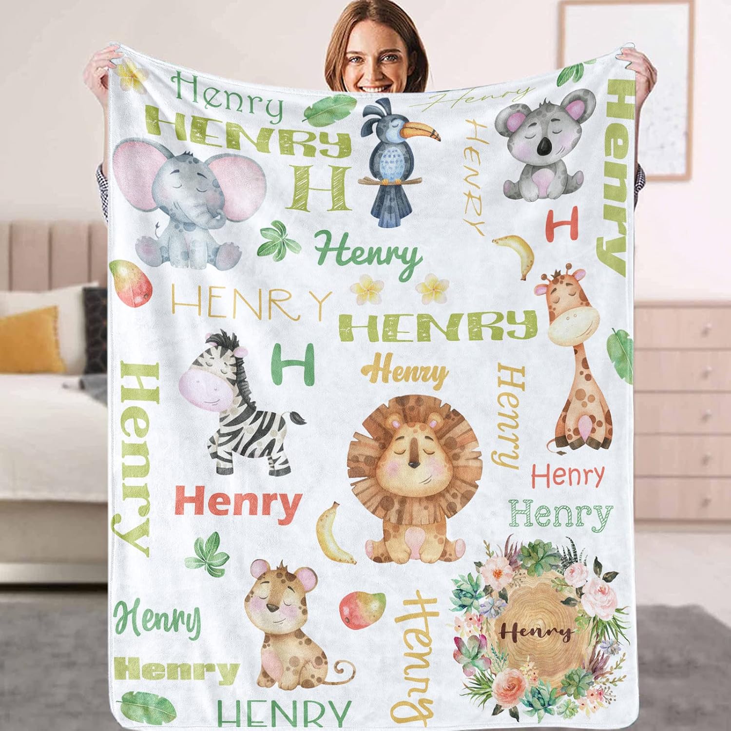KAINSY Personalized Animals Baby Throw Blanket for Boys Girls Jungle Safari Custom Name Nursery Bed Blankets for Newborn Kids Cute Birthday Gifts, Olive Green, 40 x 50inch