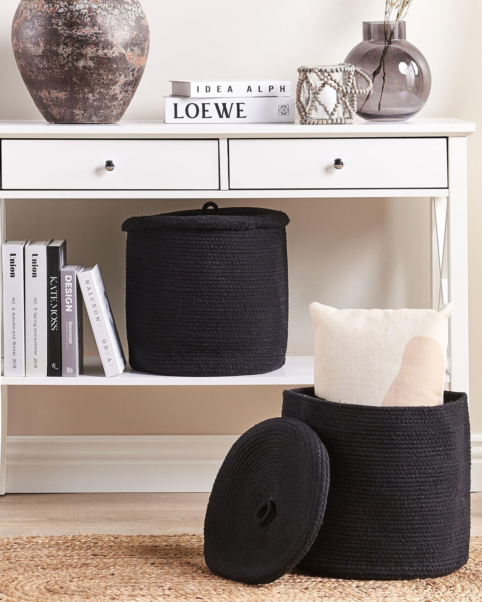 Korb 2er Set Baumwolle schwarz geflochten mit Deckel Boho-Design Silopi