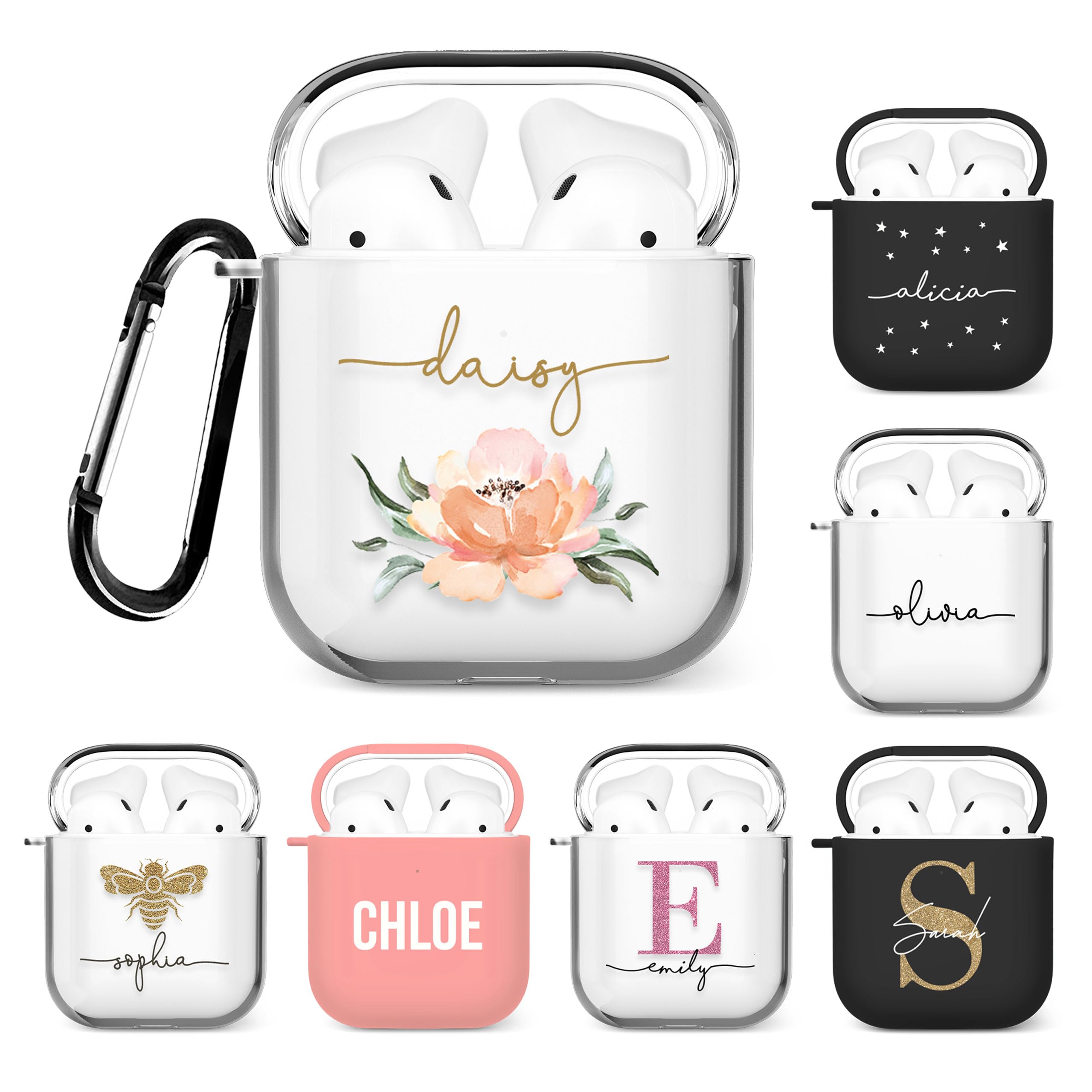 Tirita Personalised Custom Case Compatible with Apple AirPods 4th gen, Support Wireless Charging, with Carabiner, Front LED Visible [08- Rose Gold Monogram] — view 28
