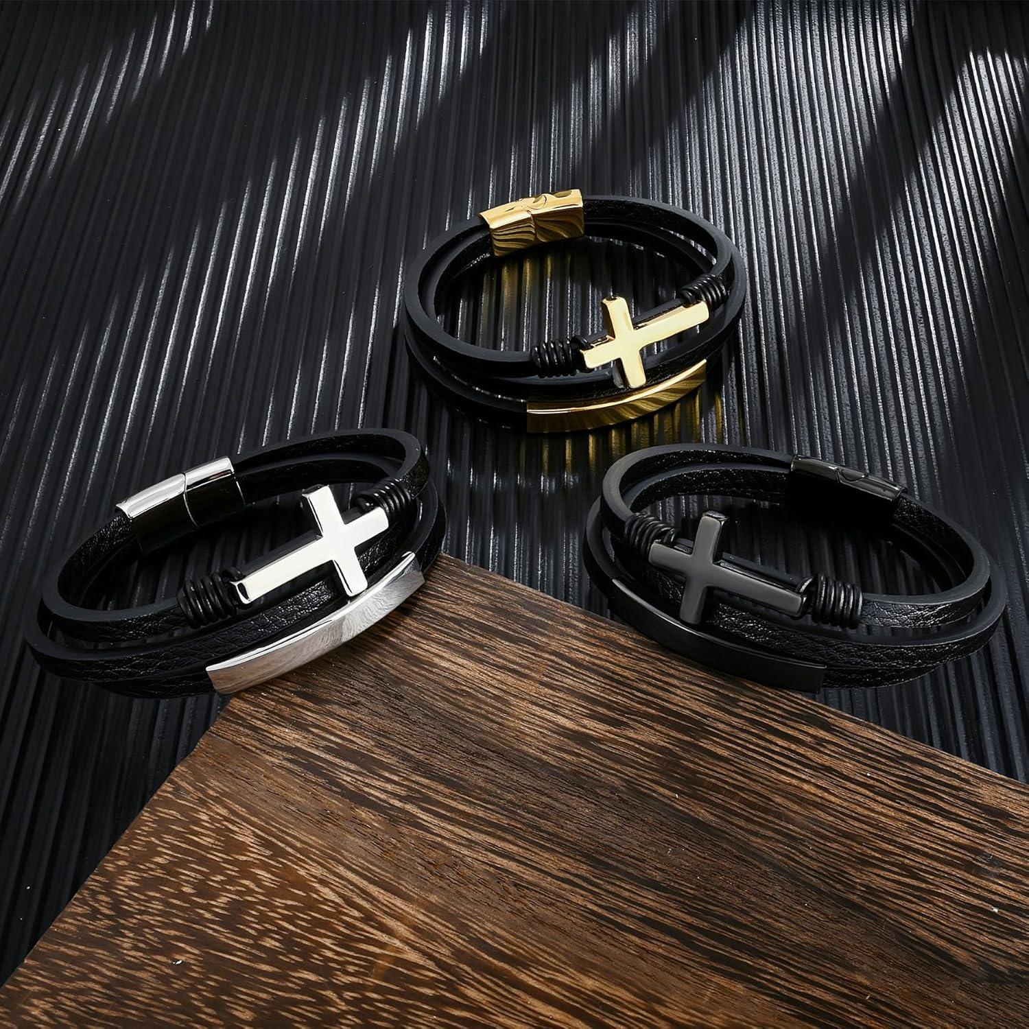 YL Cross Viking Celtic Bracelet, Mens Masonic/Owl/Beaded/Tiger Eyes/Cuban Chain/Ankh/Compass/Letter Stainless Steel Black/Brown Leather Jewelry Gifts Women - Image 6