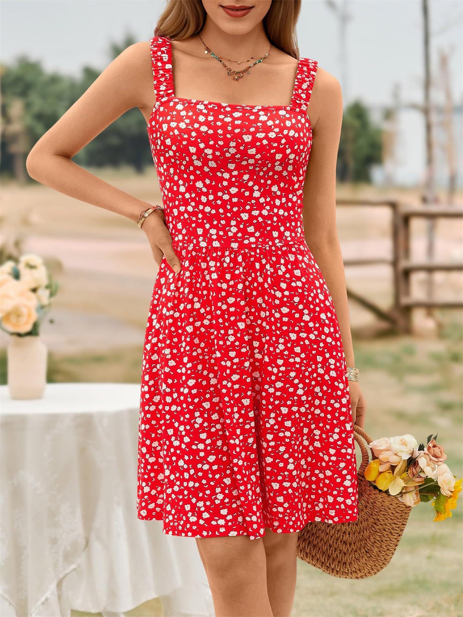 Abiti midi estivi casual da donna, con tasca, carini, senza maniche, a vita alta, linea ad A, abiti avvolgenti