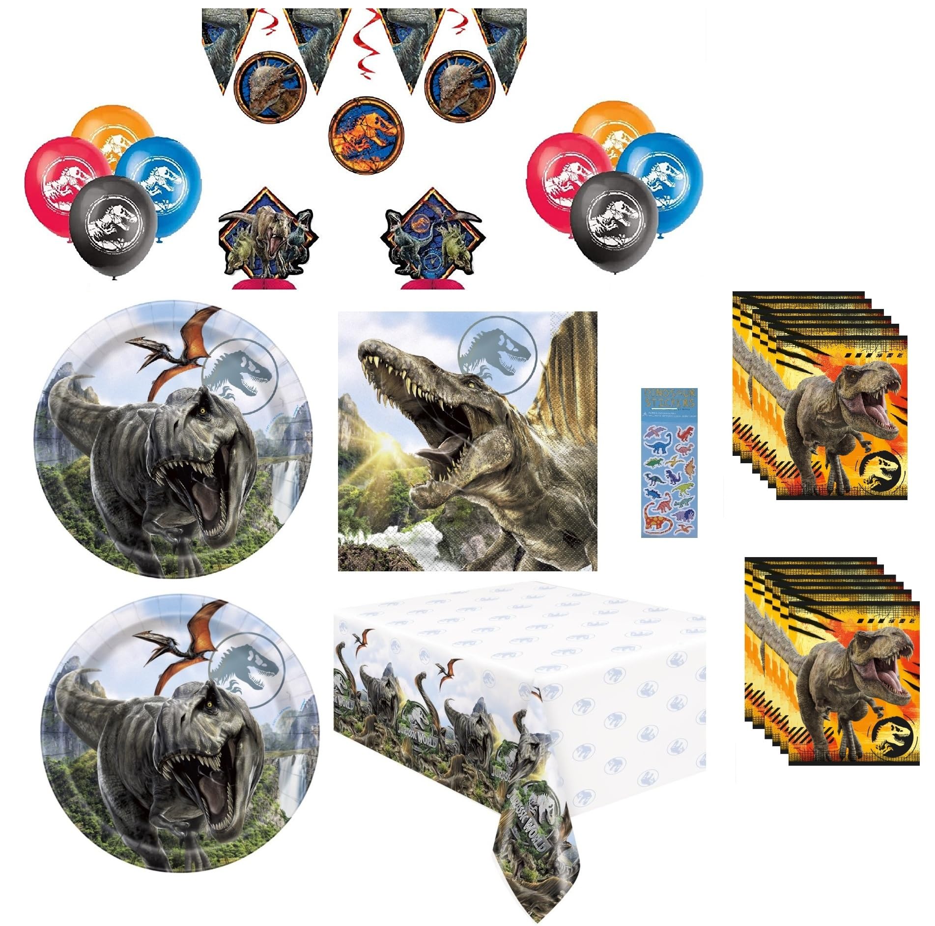 Jurassic World Birthday Party Supplies Bundle for 16 includes Plates, Napkins, Table Cover, Mini Honeycomb and Hanging Swirl Decorations, Flag Banner,