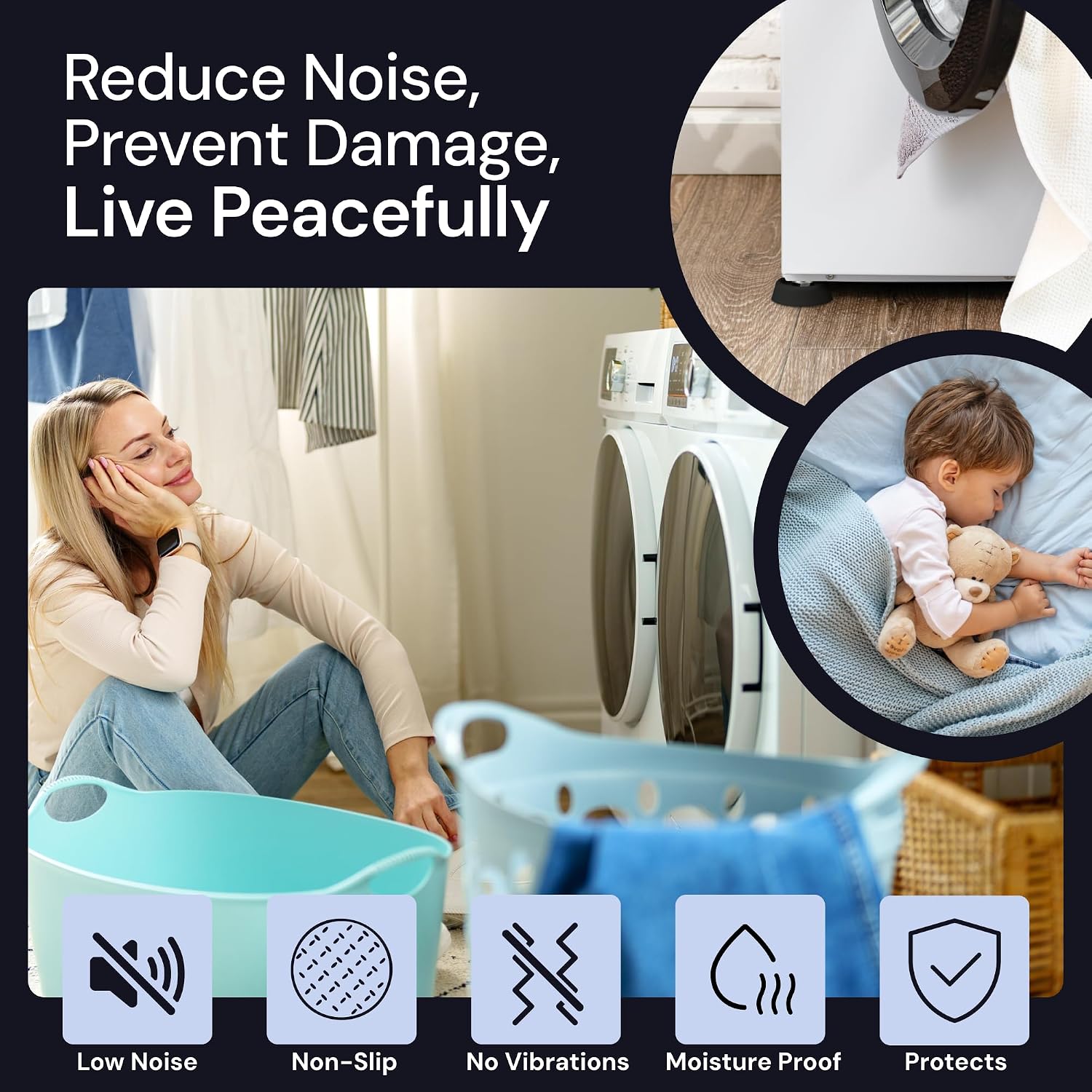 CasterMaster Washing Machine Anti Vibration Pads - 4-Pack Black Rubber - Noise & Vibration Reduction - Non-Slip Floor Protector - Rubber Mat for Washer & Dryer - Universal Fit on Tile Wood Laminate