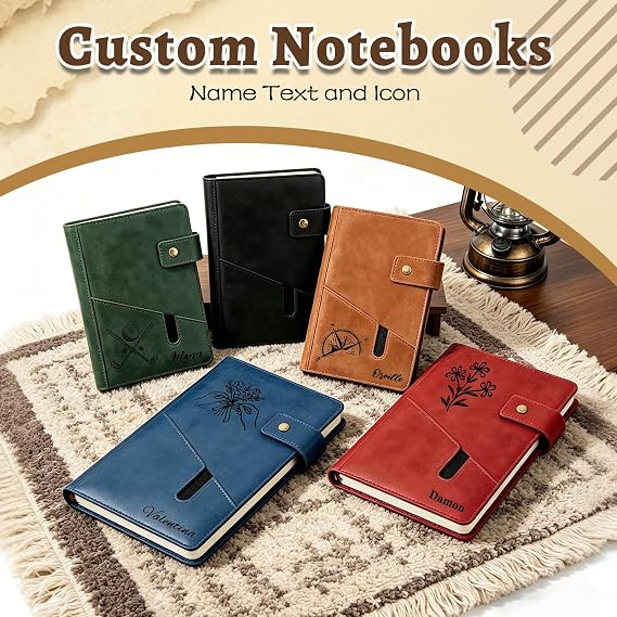 Personalised Leather Notebook Custom A5 Journal with Engraved Name Text Icon Customizable Gift for Women Men Colleagues Friends Family (leather notebook)
