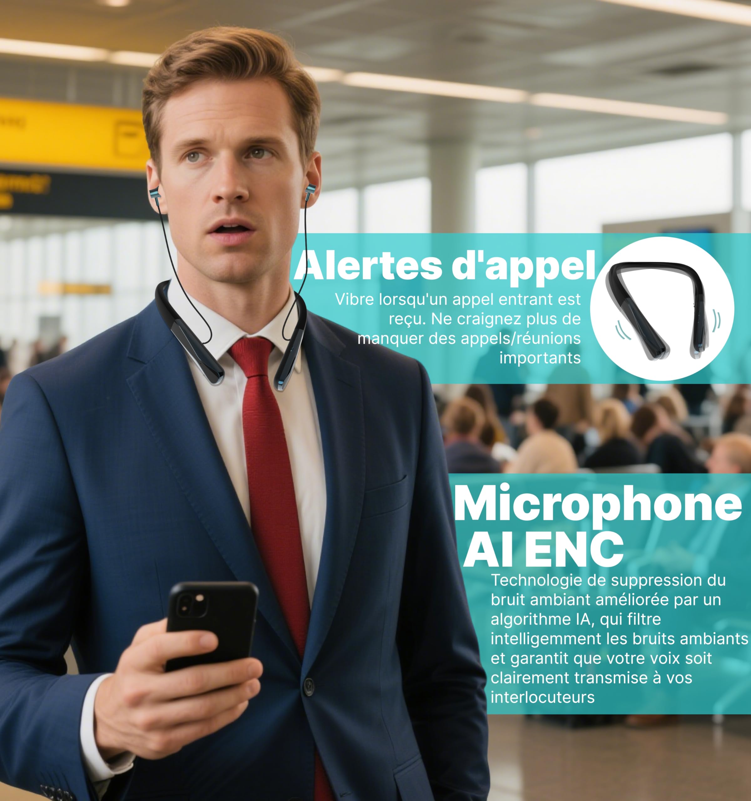 Hmusic H08 Casque Tour de Cou Bluetooth 6.0 sans Fil | Retour audio en temps réel, 35H Autonomie, IPX5 étanche, Affichage Numérique LED, Écouteurs magnétiques