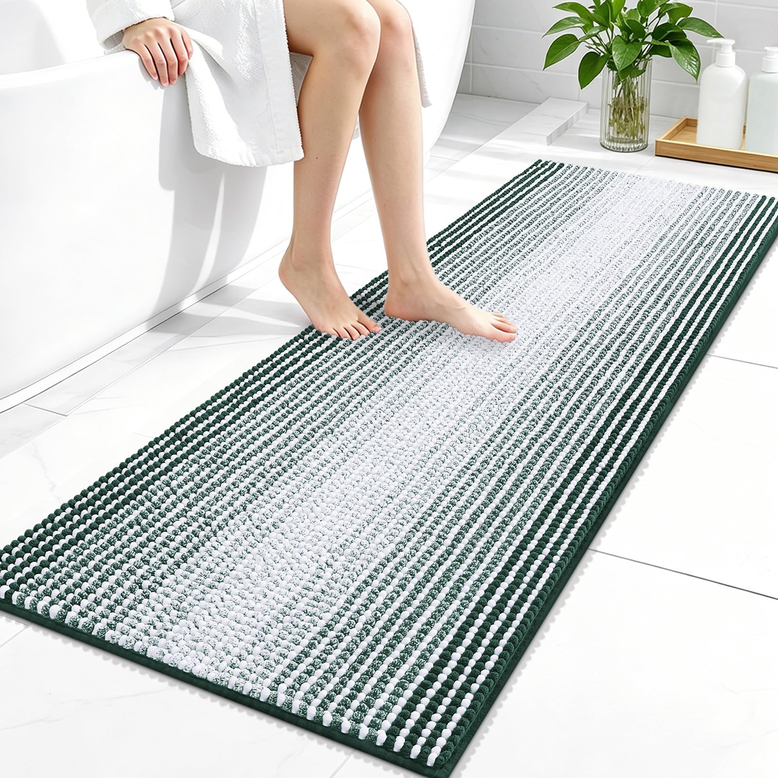 OLANLY Bathroom Runner Rugs 47x20, Soft Chenille Bath Rugs, Blackish Green
