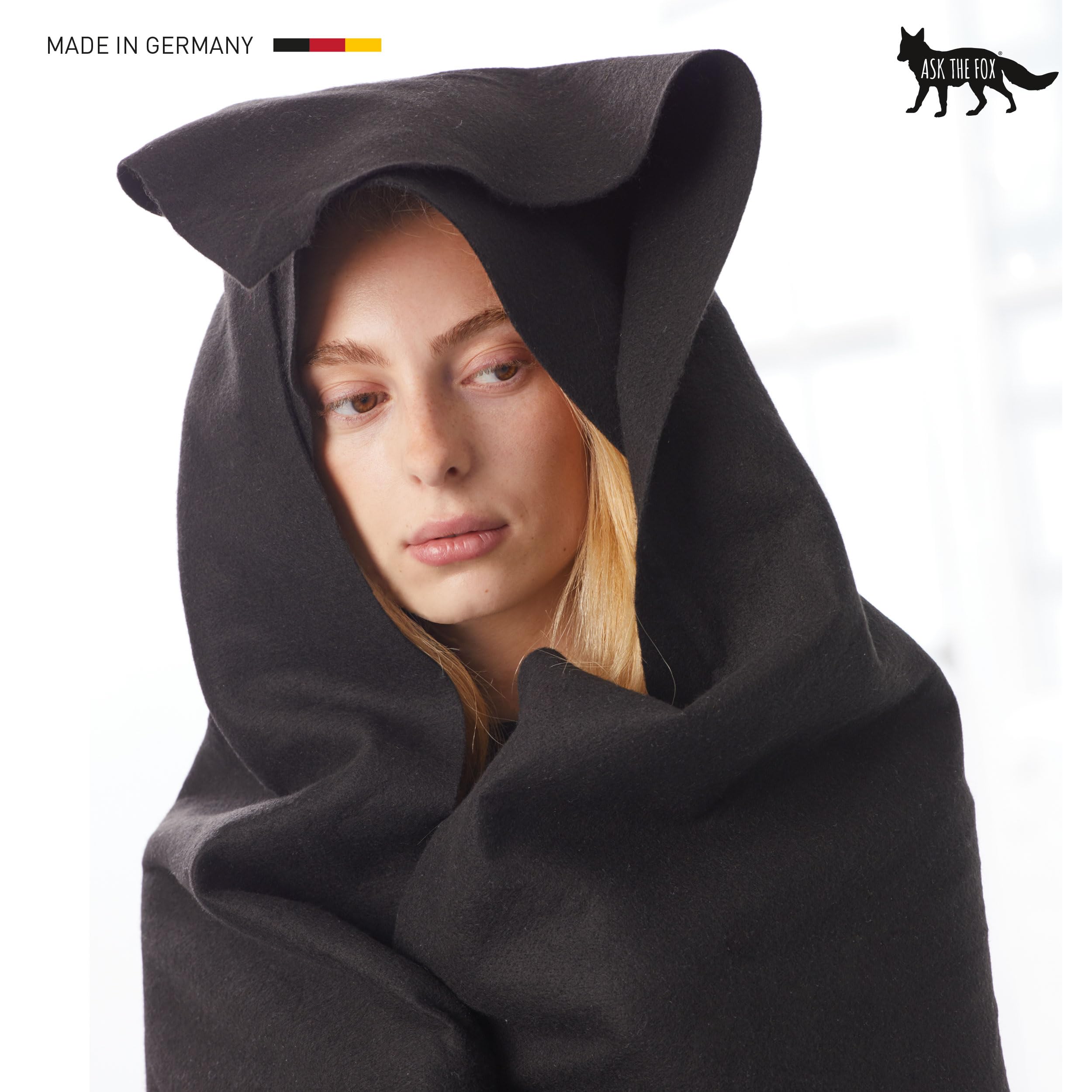 Hoodie Fox - Manta con capucha ignífuga, suave, transpirable, hipoalergénica, seguridad de la cabeza a los pies, ideal para casa y de viaje, con cabecero, 160 x 200 cm, color negro