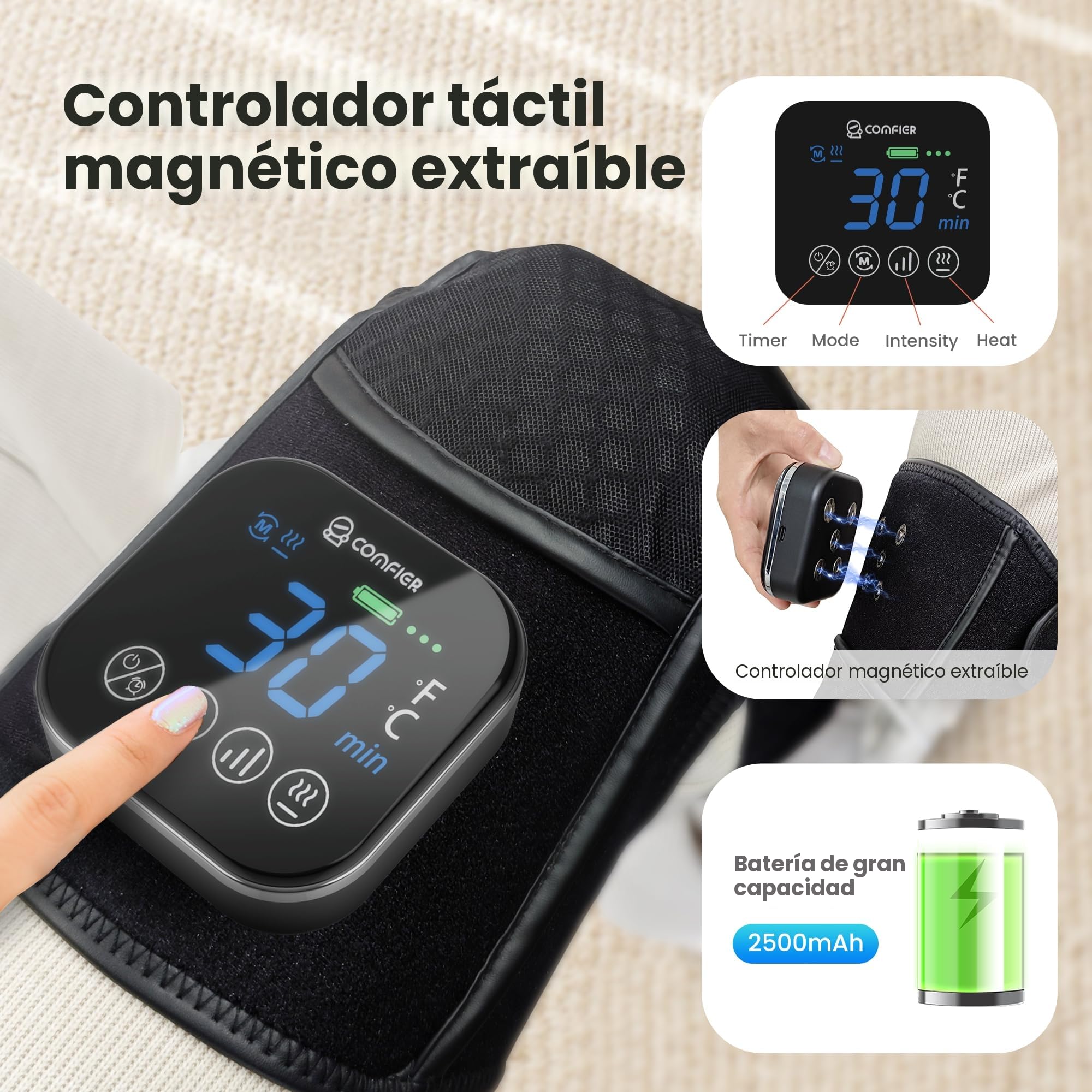 COMFIER Masajeador de Rodillas Inalámbrico, Rodillera con Función de Masaje, Calor y Vibración con Grafeno, 5 Modos y 3 Niveles de Intensidad, Rodillera Térmica, Regalo para Mamá y Papá