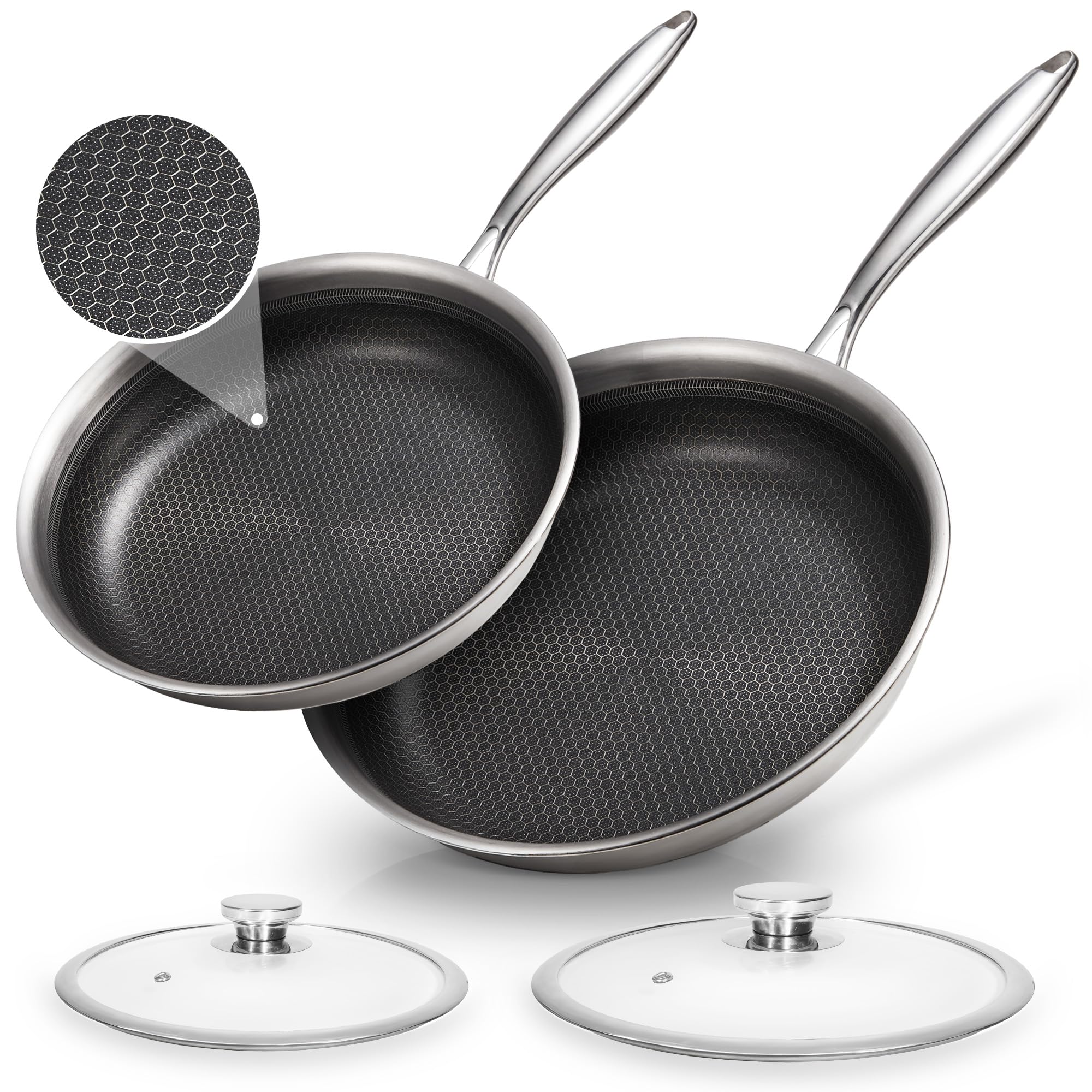 KOKHUB Non Stick Frying Pans Set with Lid, 24+28cm Hybrid Tri-Ply Stainless Steel Skillets, Non-Toxic, Oven Safe, Induction Cooking Pan, Compatible with All Cooktops