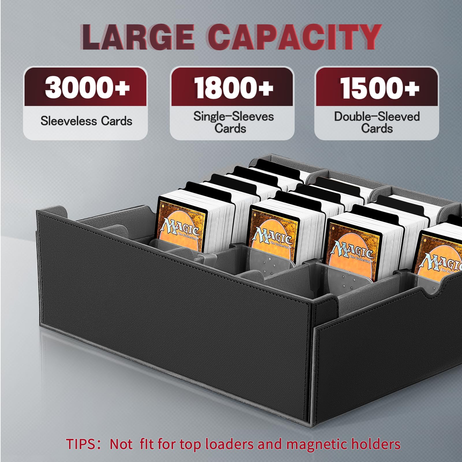 Sammelkarten-Aufbewahrungsbox, 3000+ MTG-Deck-Box mit 24 bunten Trennwänden und 6 Kartenfächern, Commander-Kartendeck-Hülle passend für Magic Game Cards, YugiOh, TCG, PTG und Sportkarten (Black