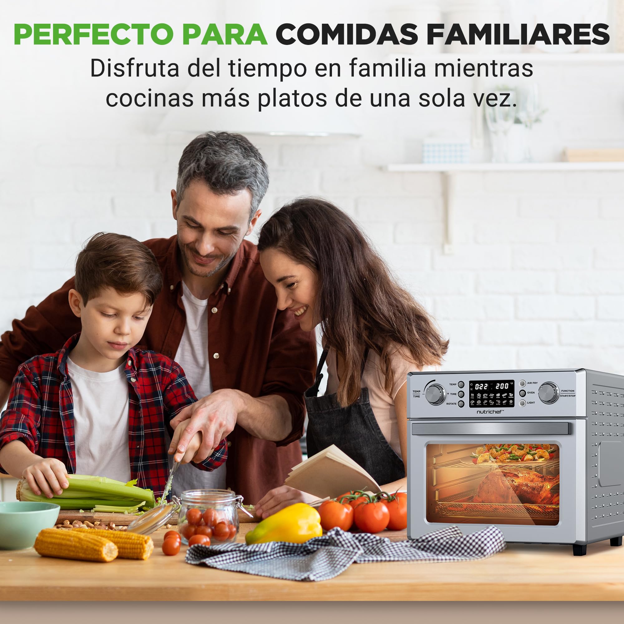 Nutrichef freidora aire, Air fryer, 26L, Horno, Electrico, 10 funciones automaticas, Incluye Bandeja recolectora, canasta para freír y rejilla para hornear