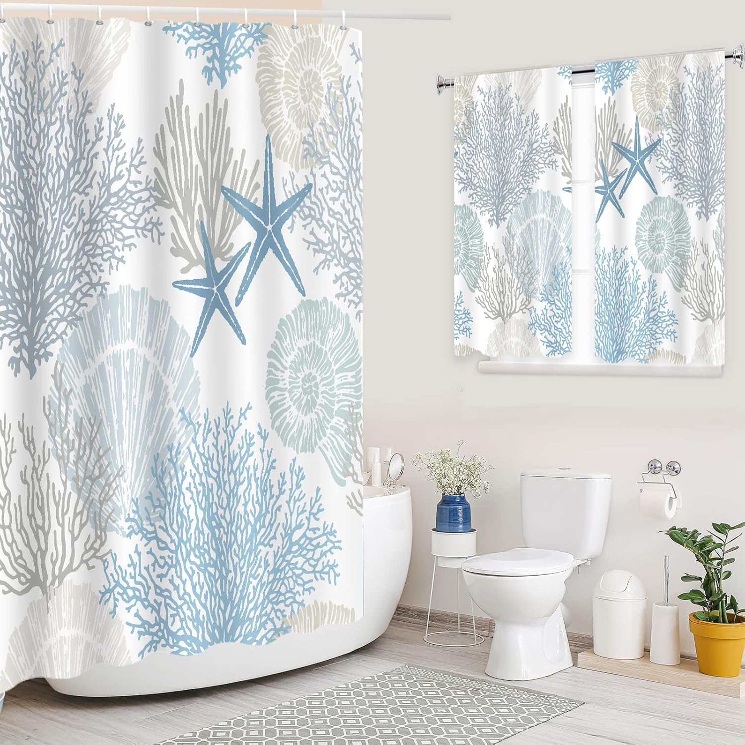 YISURE Seashell Shower Curtain with Window Curtain Sets 2