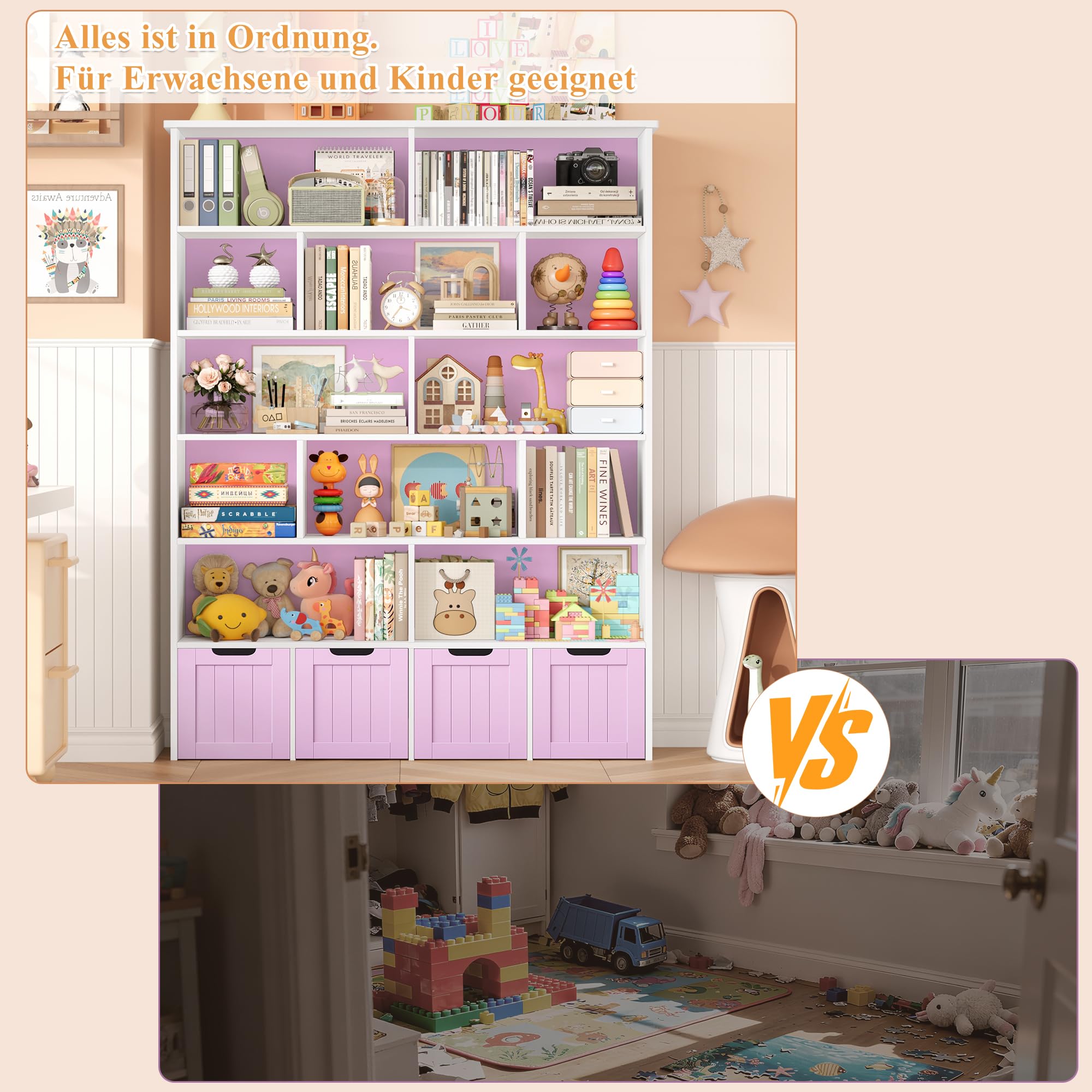 FOREHILL Kinderregal 6 Ebenen, Kinderzimmer Möbel, Bücherregal für Kinder | Kinderschrank mit Boxen auf Rollen, Spielzeug Aufbewahrung für Kinderzimmer, Kindergarten, Leseecke 175x33x125,5cm Flieder