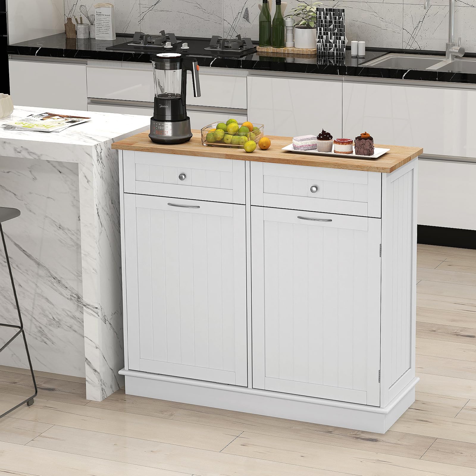 SILKYDRY Tilt Out Trash Cabinet, Kitchen Island with 2 Drawers & Adjustable Shelf, Rubber Wood Countertop, Freestanding Laundry Hamper, Recycle Bins Pet Proof Garbage Can Holder (White)