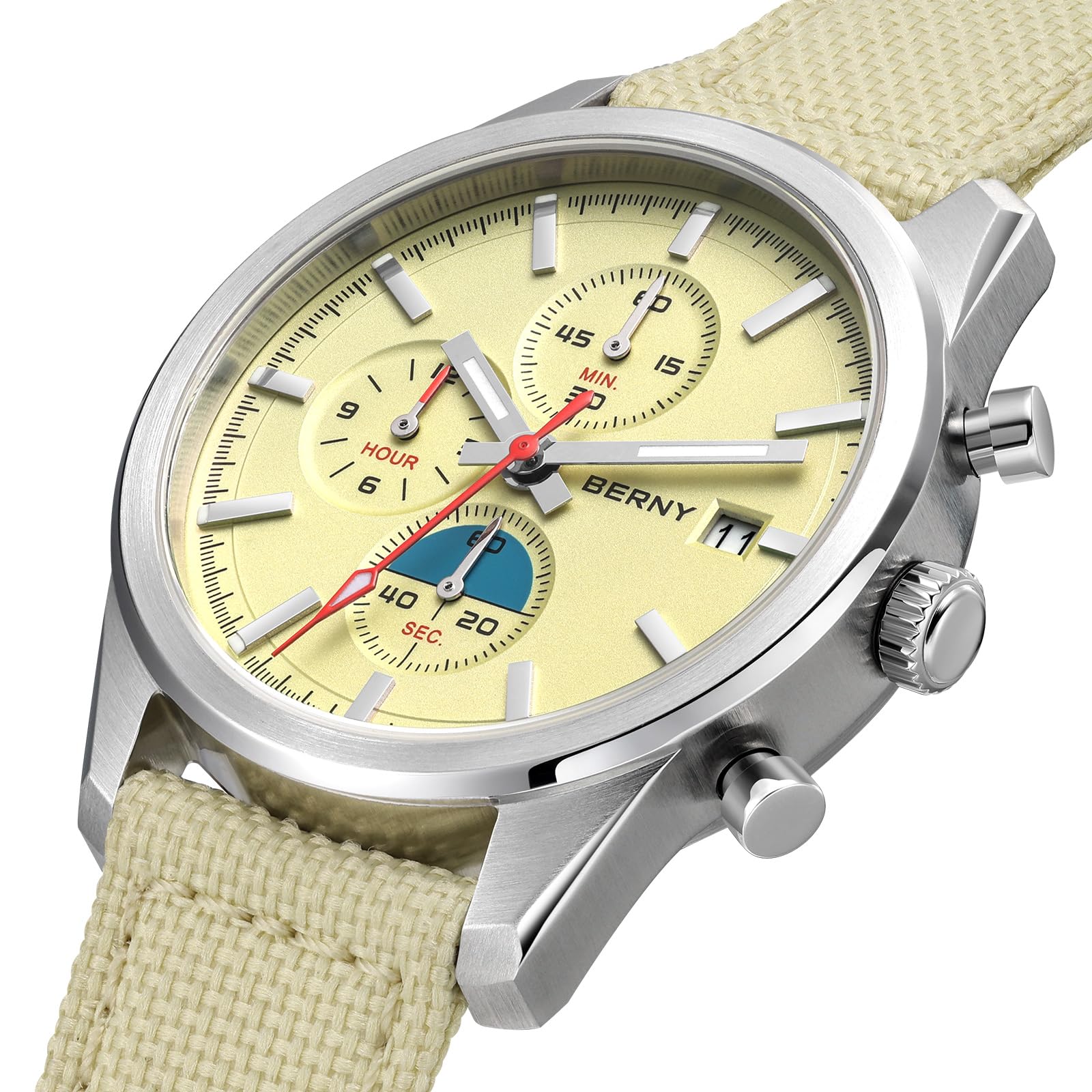 BERNY Reloj cronógrafo para hombre, resistente al agua hasta 50 m, reloj de cuarzo analógico masculino, reloj de pulsera multifunción, cronómetro AR cristal de zafiro