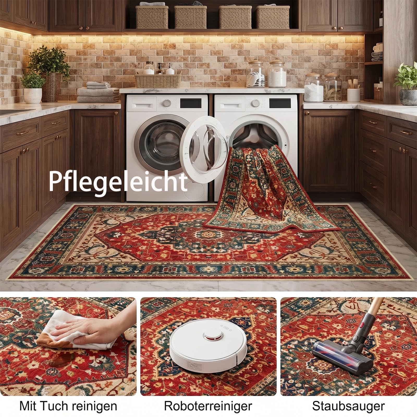 WUTONG Vintage Teppich Wohnzimmer 160x230 cm Rot,Orientalischer Teppich Waschbar rutschfest Kurzflor,Geeignet für Esszimmer und Jugendzimmer,Retro Boho