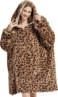 Blanket Hoodie, Oversized Wearable Blanket, One Size Fits All, Soft Warm Hooded Blanket Sweatshirt, Comfortable Faux Fur Hoodie Blanket Sweatshirt for Adults, Brown Leopard Print with large pocket