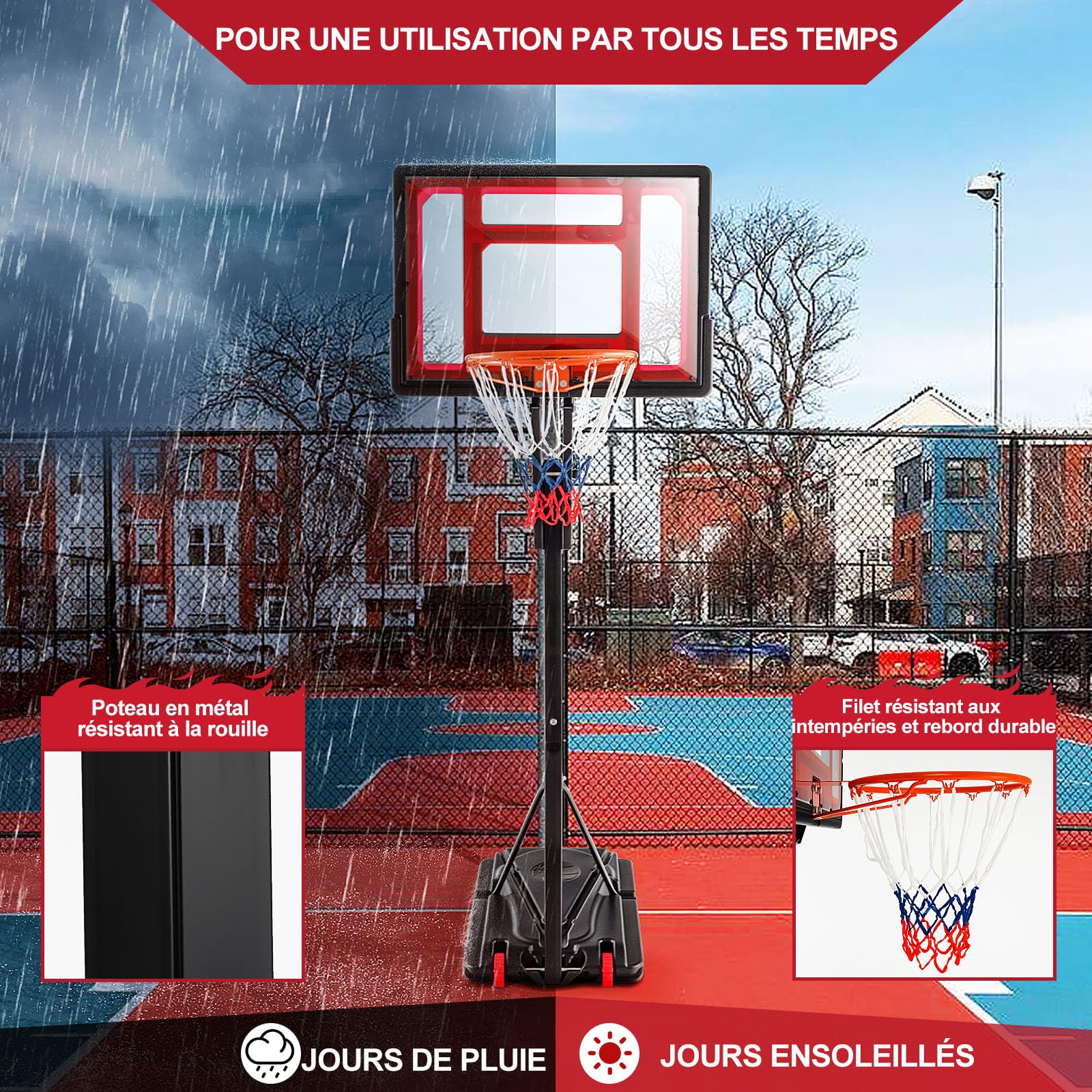 GYMAX Panier Basket Extérieur pour Bébé Enfants Adolescents, Hauteur Réglable 105-260cm, Base Remplissable avec Sac de Poids, Mobile avec Roues, Panneau Incassable