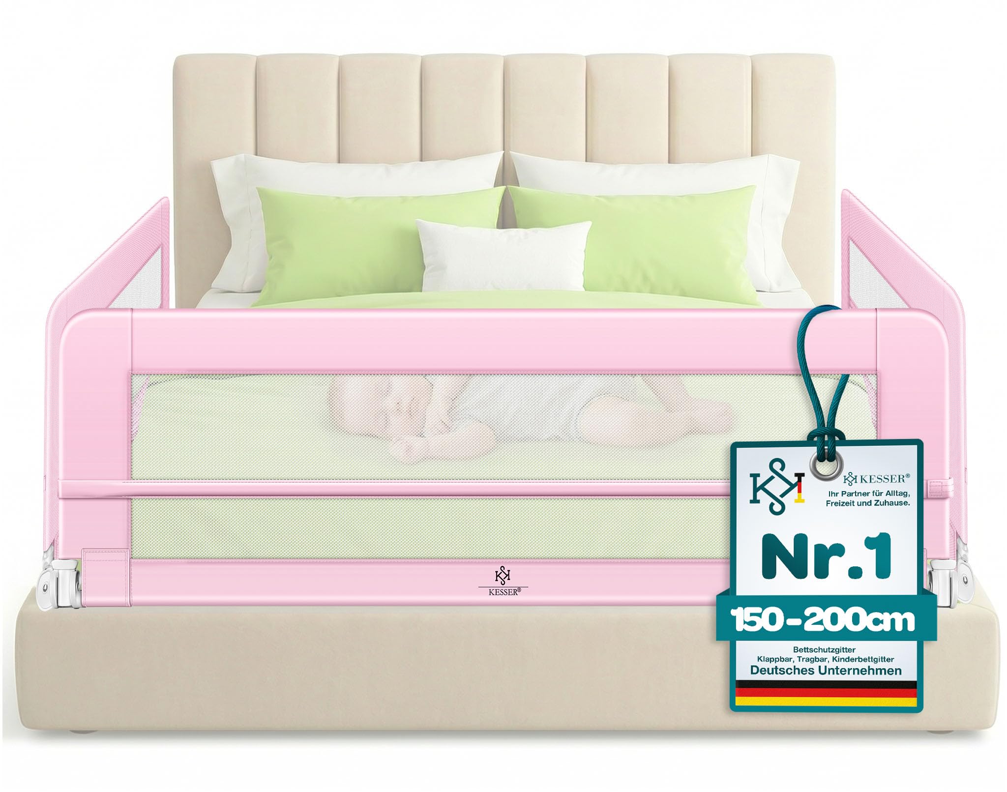 KESSER® Bettgitter 200 cm Bettschutzgitter Kinderbettgitter für Kinder Babybettgitter Klappbar, Tragbar, Kinderbett Kinderbettschutzgitter Rausfallschutz, Bett & Elternbett hoch: 42 cm, Rosa