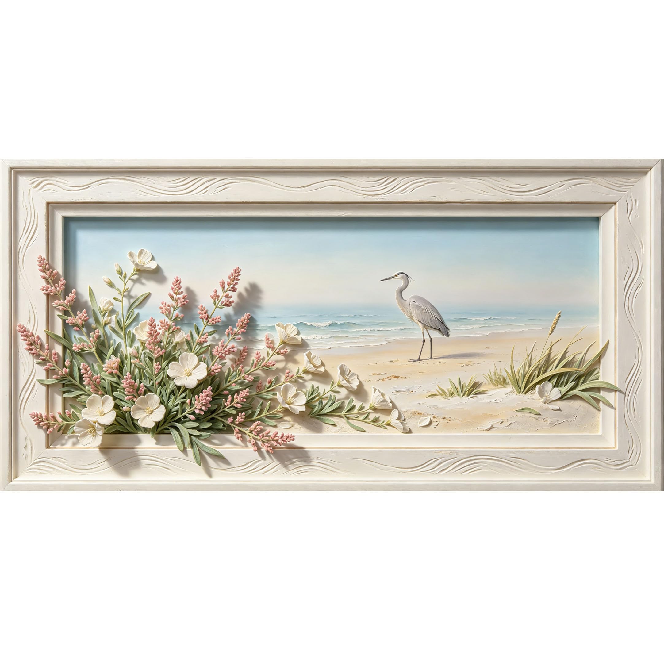 Agglomerix 3D Framed Wall Art Coastal Beach Heron Ocean Shore Flowers Seashells Botanical Relief Effect Large Size Self-Adhesive Removable Wall Decor Prints Artwork for Living Room Bedroom Office