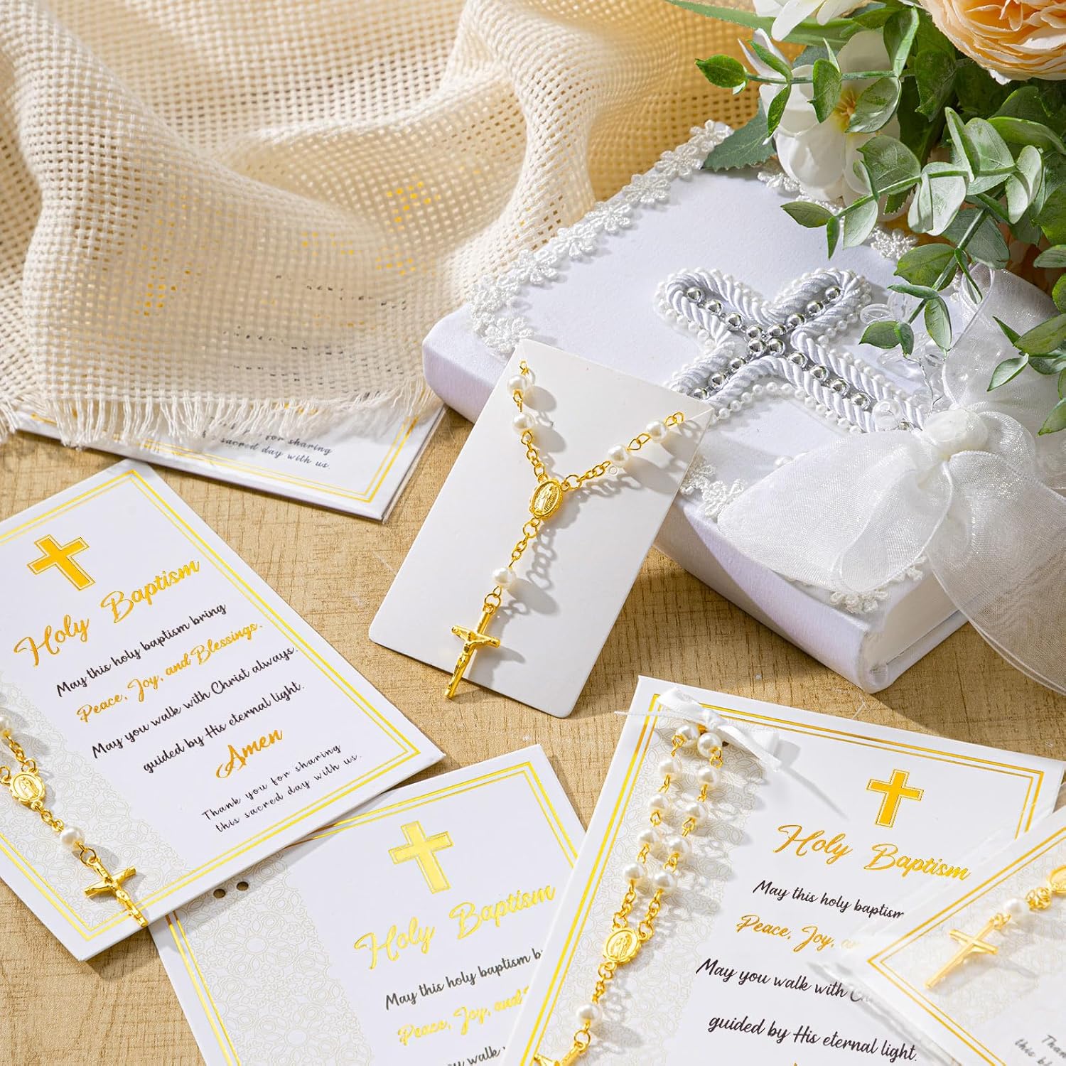 Quelay 50 Sets Rosary Baptism Favors Mini Acrylic Rosary Finger Rosaries Gold Bead Faux Pearls with Cards and Bags Recuerdo De Boda Y Bautizo for Christening Party Favor(Baptism)