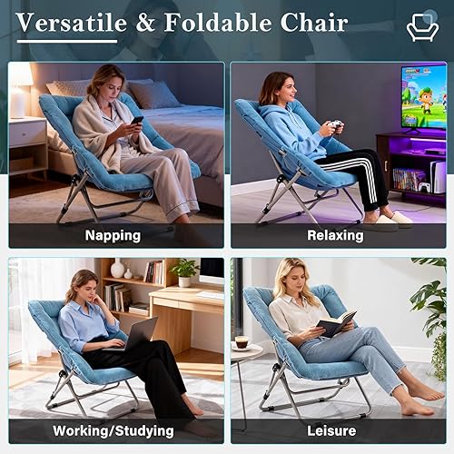 Miniatura 32 de Silla platillo, cómodas sillas de dormitorio, silla plegable de piel sintética de gran tamaño, silla plegable con marco de metal para sala de estar,