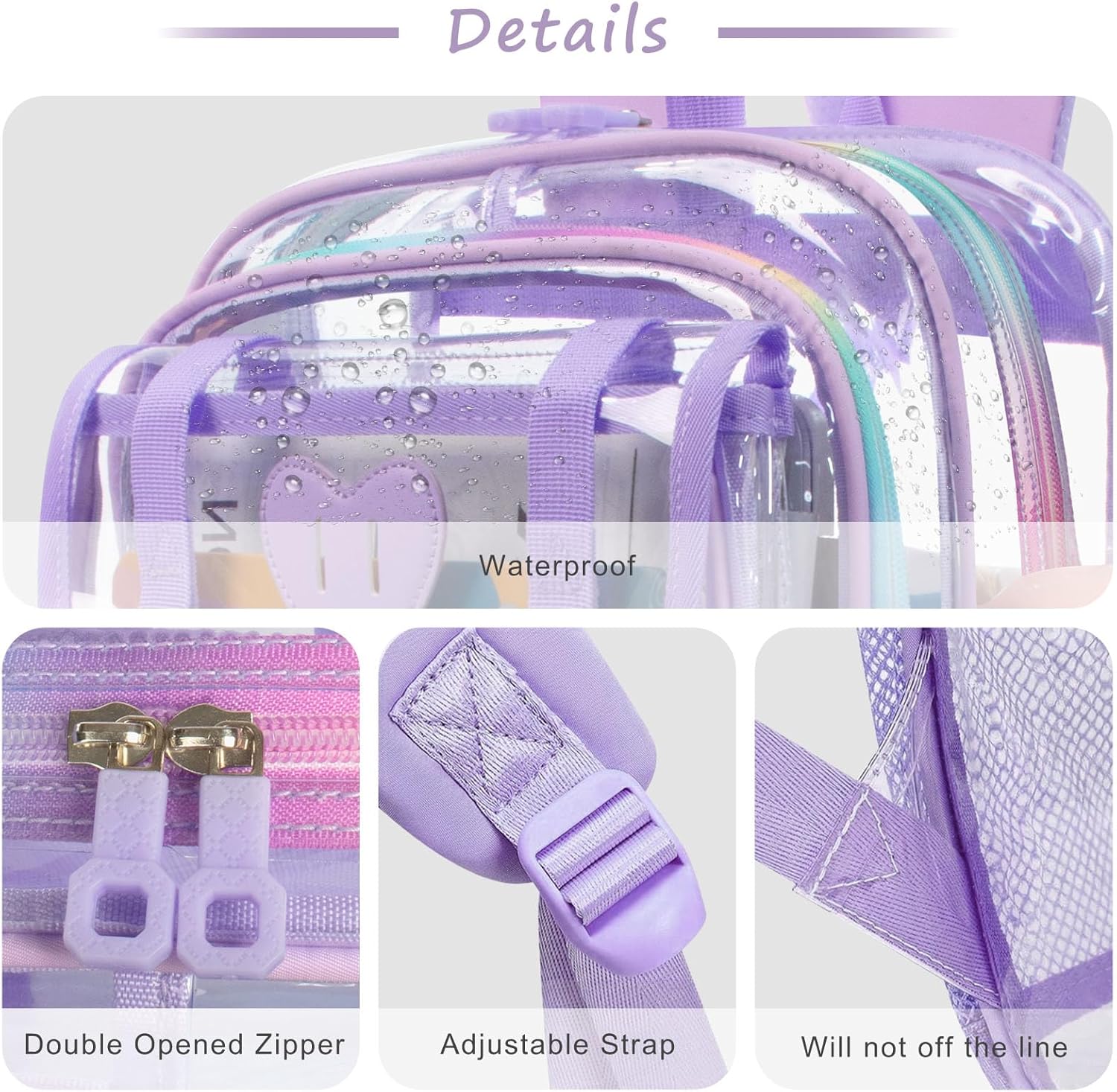 Clear Backpack for Girls Women Heavy Duty Transparent Bookbag School Backpack with Mesh Pockets Stadium Approved See Through Backpack (Purple)