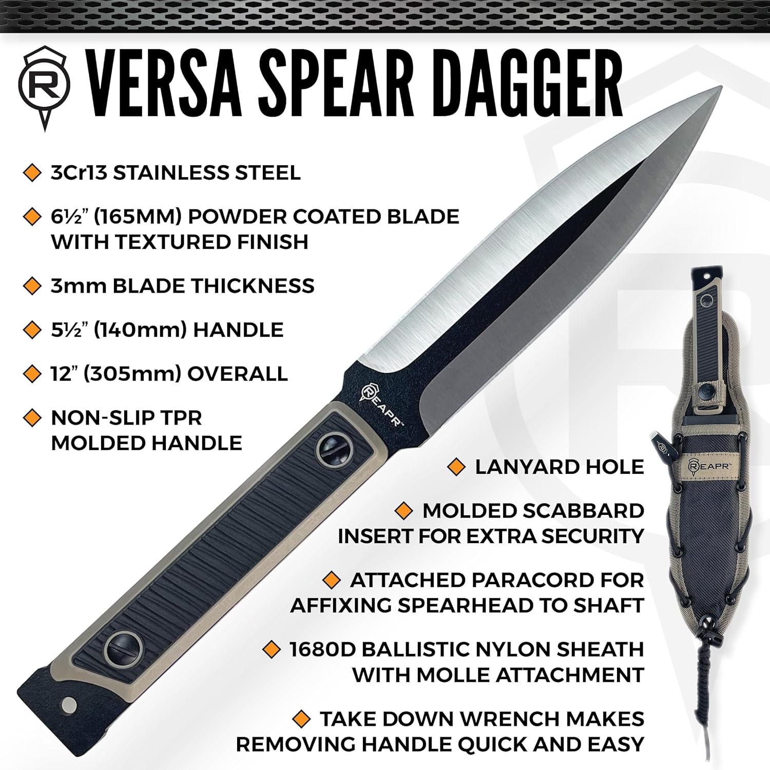 Reapr VERSA SPEAR DAGGER 12" Convertible Knife with 6.5" Dual-Edge Blade, 3Cr13 Stainless Steel, TPR Handle, MOLLE-Compatible Sheath, Take-Down Wrench & Paracord for Survival & Camping
