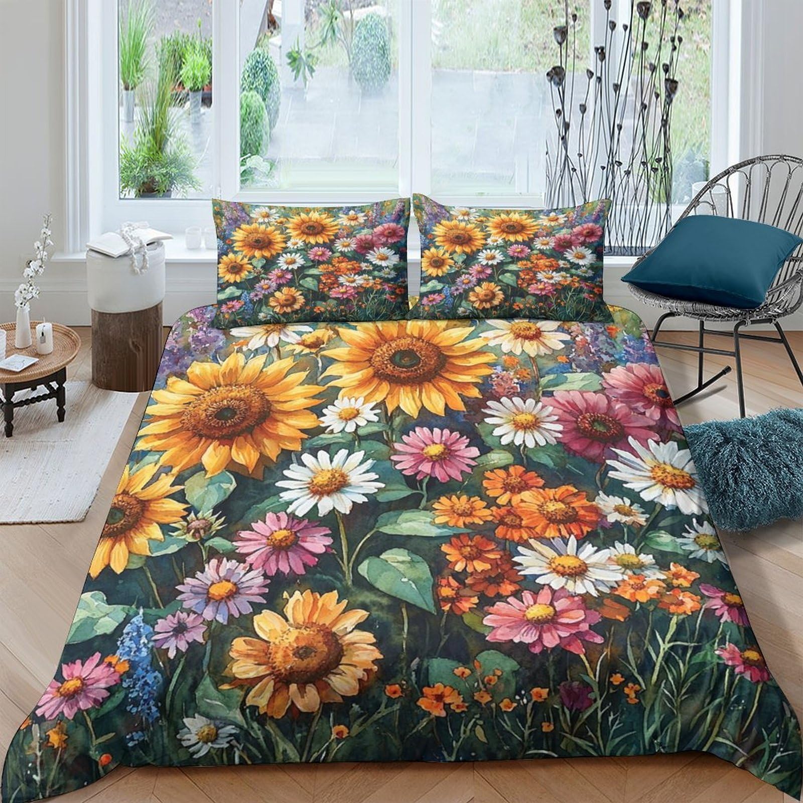 Ctjqhvkz Style-10 3D Printed Sunflower Daisy Fitted Sheet Microfiber Soft Floral Bed Sheet Anti-Slip Machine Washable Bedroom Decor Single（135X200cm）