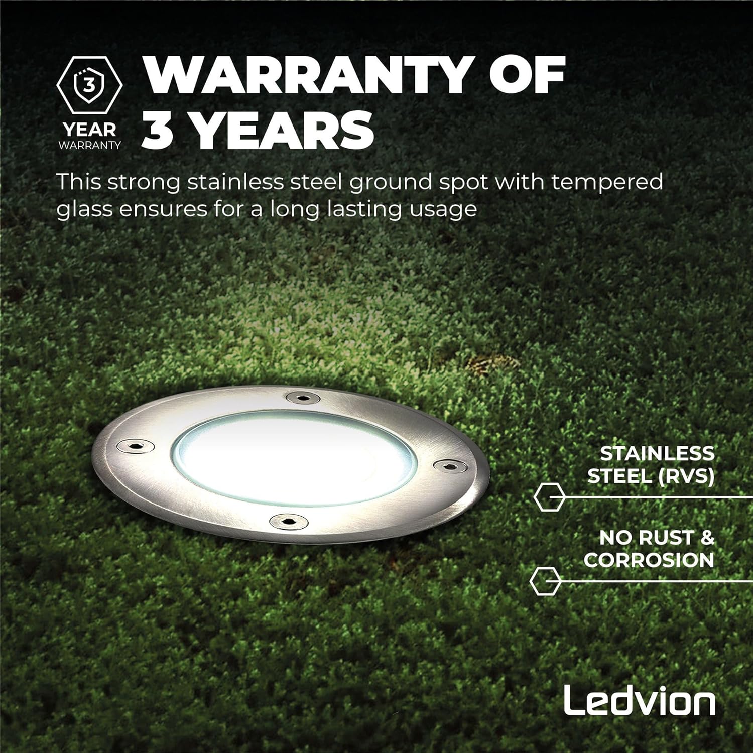 Ledvion ground spot in grass, highlighting a 3-year warranty and stainless steel construction