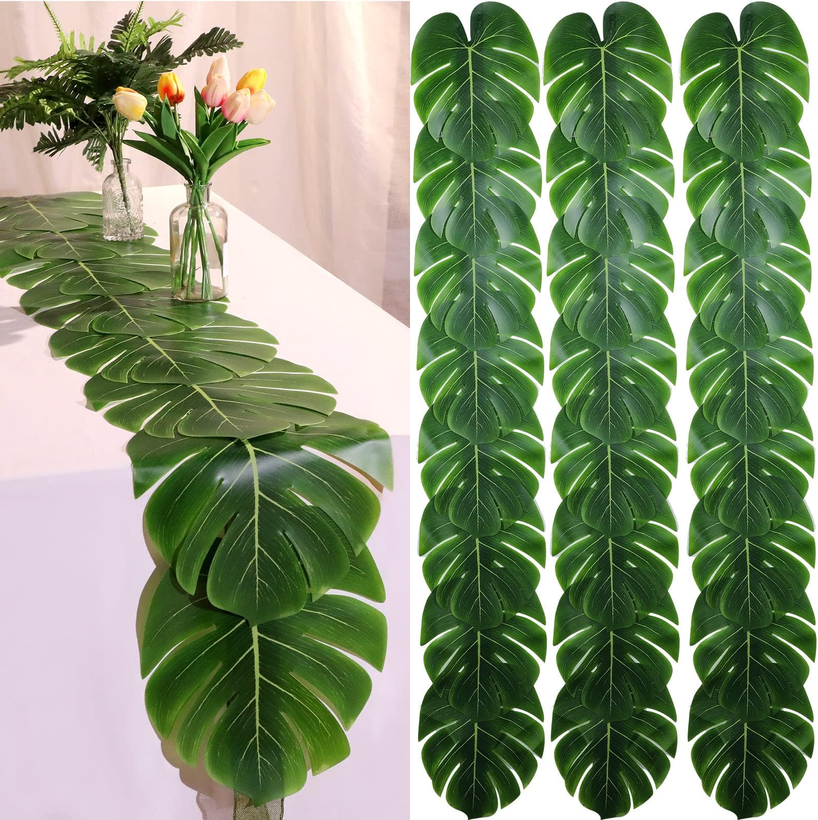 4 Pcs Artificial Palm Leaves Table Runners 72 Inch Long Tropical Palm Leaves Table Runner Faux Leaf Table Cloth for Wedding Hawaiian Luau Theme Party Supply Summer Table Decoration (Palm Leaf)