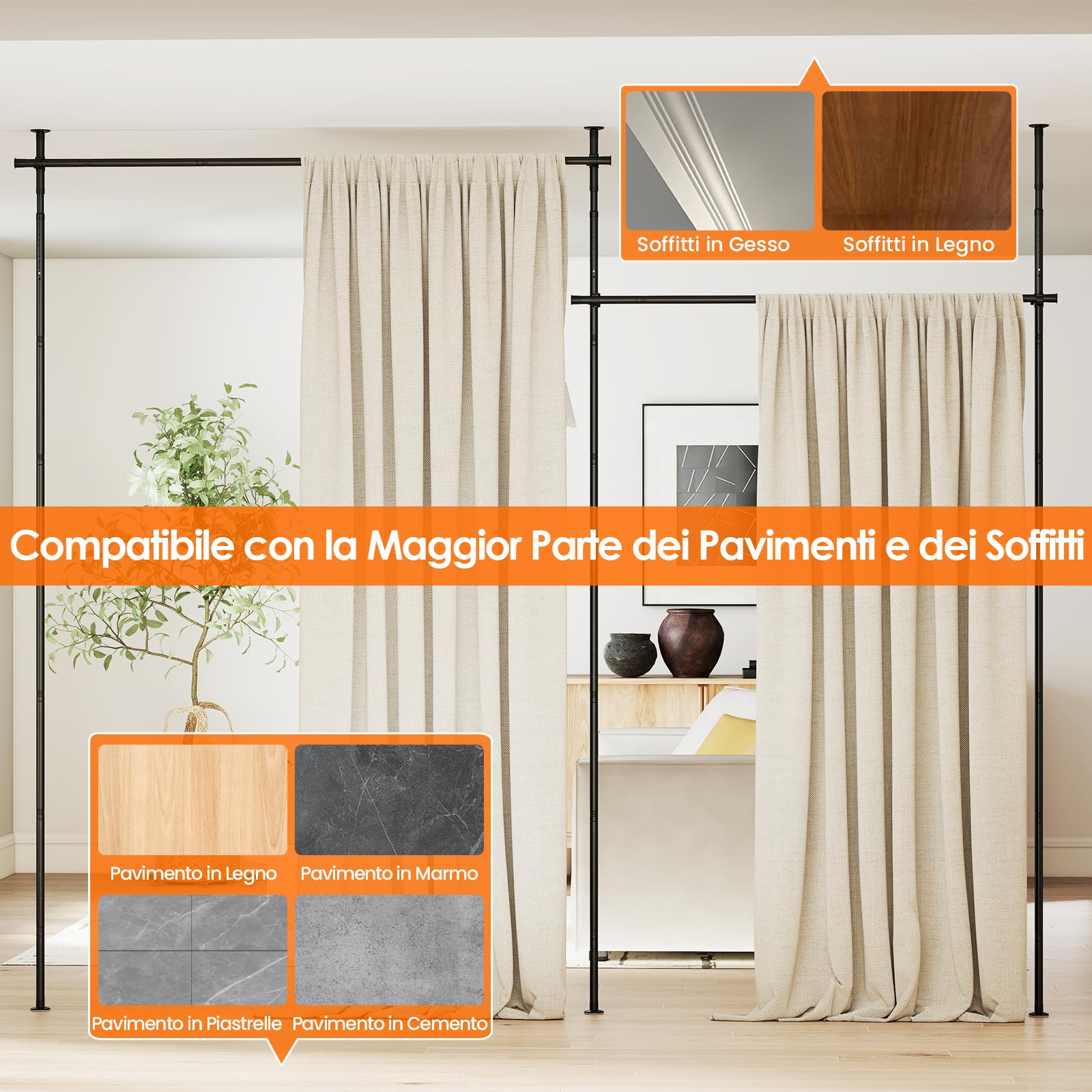 COSTWAY Tenda Divisoria Senza Trapano, Parete Divisoria per Interni con Asta Regolabile 120-314 cm(A) 73-360 cm(L), Bastoni Tende in Metallo per Soggiorno, Camera da Letto e Balcone (stile 2 Nero)