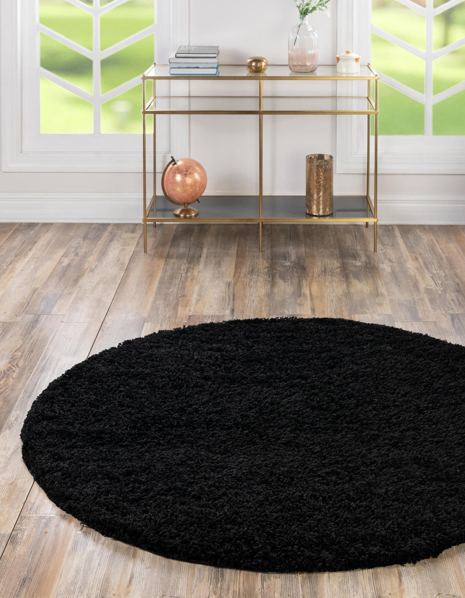 Rugs.com - Über Cozy Solid Shag Collection Rug – 4 Ft Round Jet Black Shag Rug Perfect for Kitchens, Dining Rooms