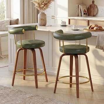 Swivel Bar Stools Set of 2, 26 Counter Height Bar Chair, Barstools Green | TYBOATLE, Mid-Century Modern, Faux Leather, Bent Wooden Legs, Golden Footrests, Island, Kitchen