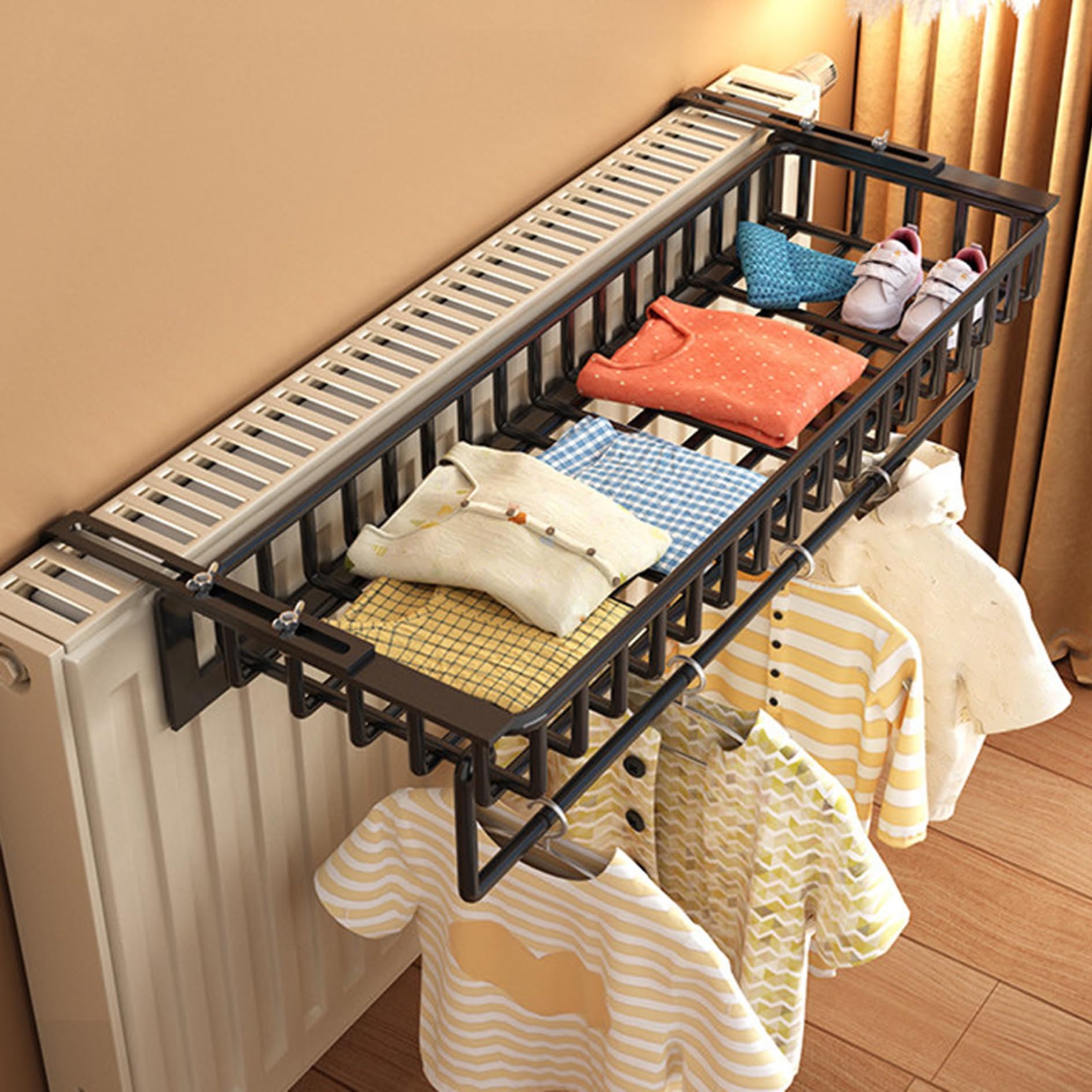 Mensola estensibile per termosifone, 40 cm, in ferro, senza foratura, può contenere fino a 20 kg, calore massimo 120 °C, ideale per soluzioni salvaspazio e nizing