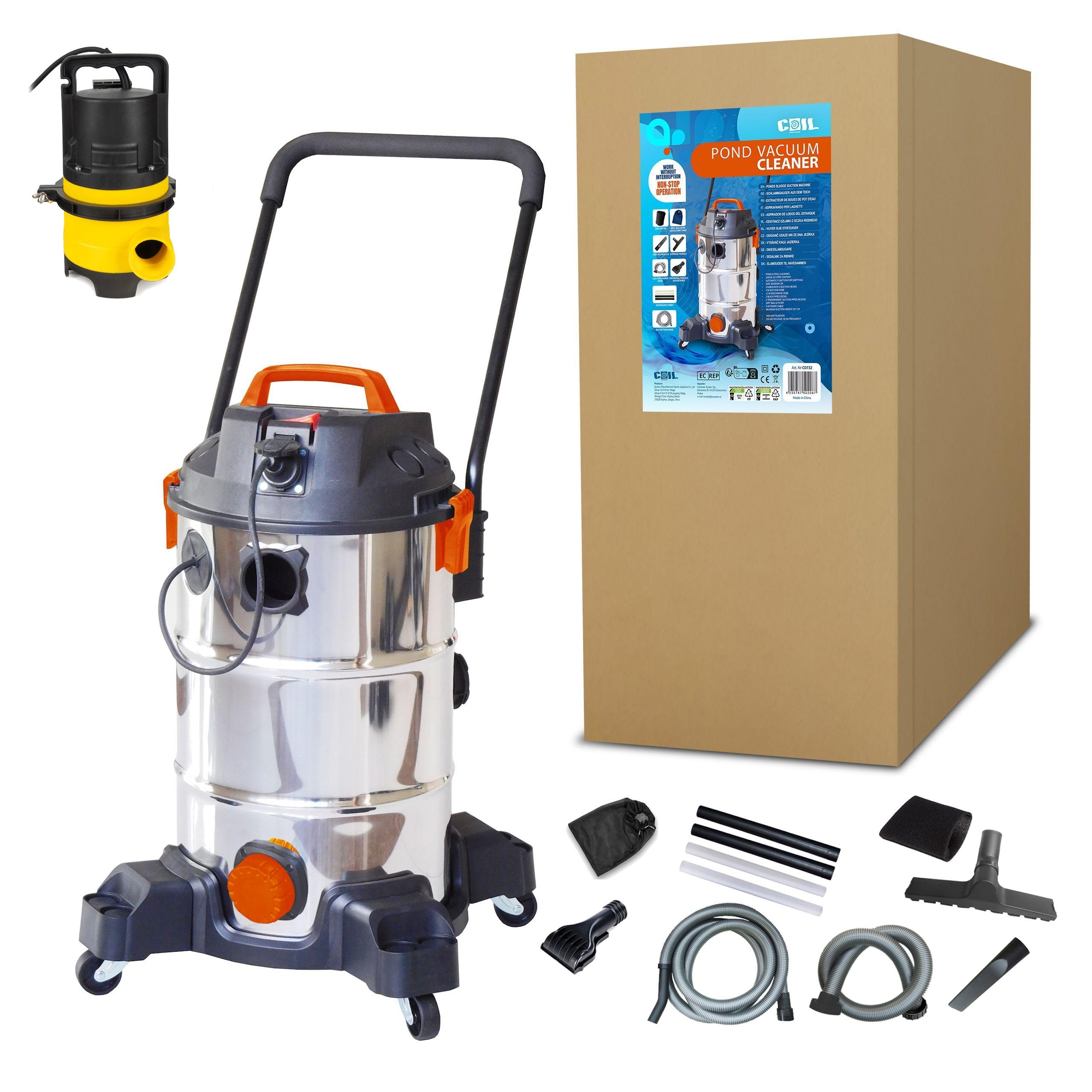 COIL Aspirador de lodo de estanque, limpiador de piscinas, depósito (35 l), potencia de succión: 18 KPa, bomba de drenaje de 600 W, 1400 W