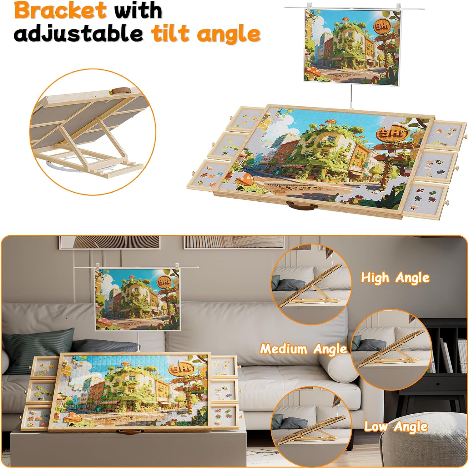1500-Piece Rotating Puzzle Board with Drawers and Cover, Puzzle Tables for Adults, Portable Jigsaw Wood Table with 6 Storage Drawers, Non Slip Felt and Handle, Ideal Gift（35.1"x26"）