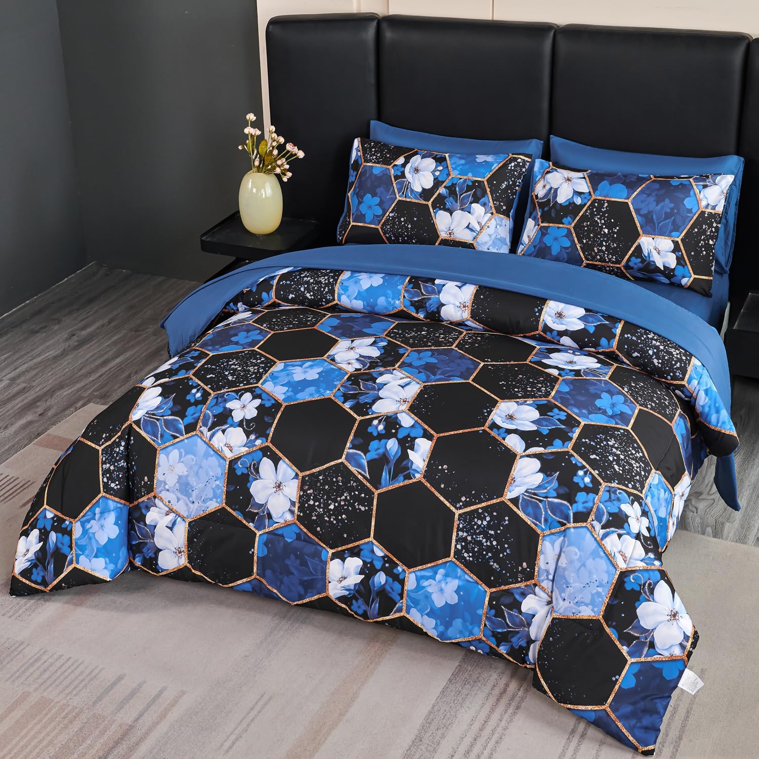 ANGIYUIN 7 Pieces Blue Black Marble Queen Bed in A Bag White Flowers Comforter Sets Gold Geometric Honeycomb Bedding Sets for Women Men