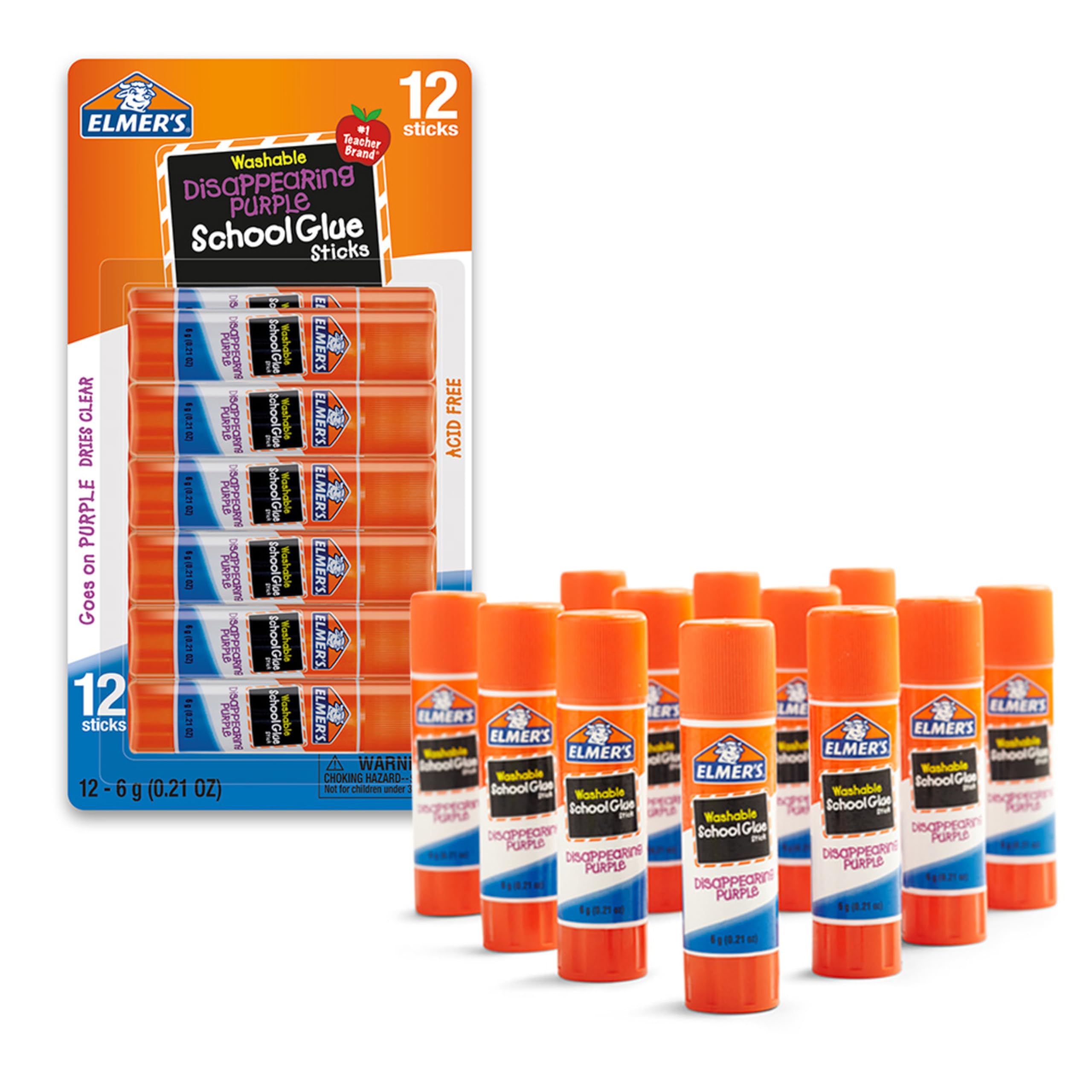 Elmer's Disappearing Purple School Glue Sticks  Washable  6 Grams  12 Count - Arts & Crafts  Poster  Projects  Back to School  #1 Teacher Brand