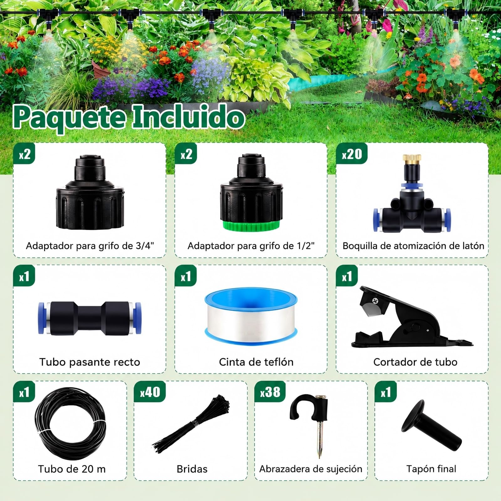 20M Speed Sistema de Riego Jardín DIY Sistema de Riego por Goteo Ajustable Boquilla Aspersor Pulverizador y Gotero Automatico, para Jardin, Invernadero, Terraza Césped