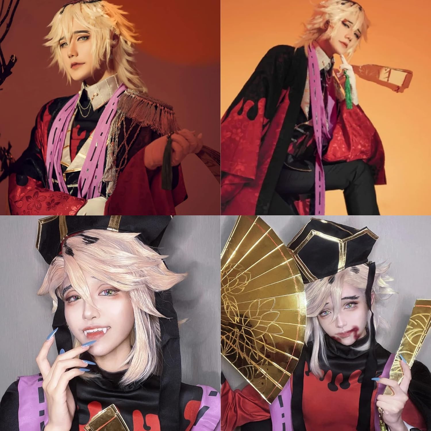 ANOGOL Hair Cap+ Long Blonde Wig Golden Orange Wigs with Bangs for Men Women Anime Cosplay Party Long Blonde Wavy Wigs Cosplay Costume Halloween Party Outfit - Image 4