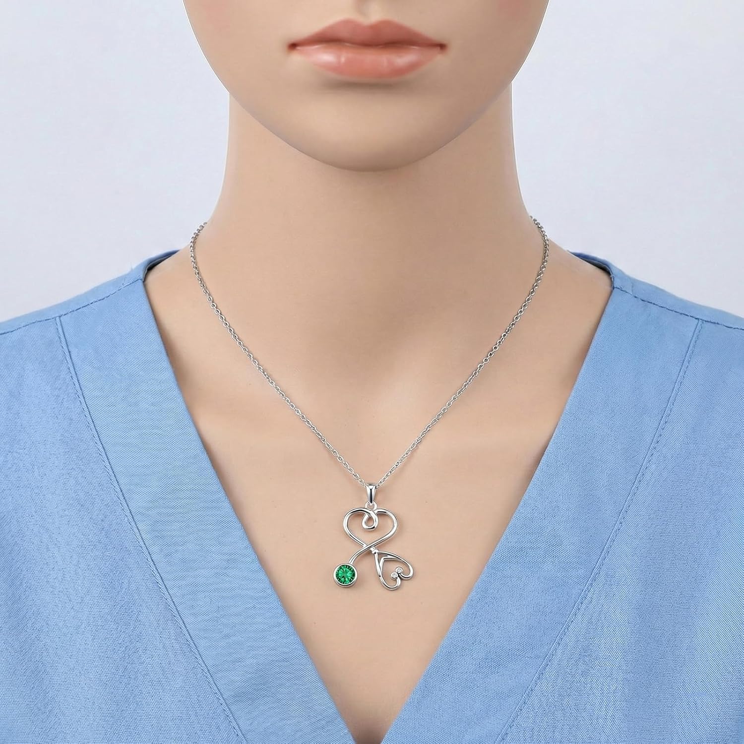YYB Nurse Gifts Necklace 18K White Gold Plated Sterling Silver Stethoscope Birthstone Jewelry for Women Nursing Themed Medicine Nurse's Day Gift Doctor Medical Student RN