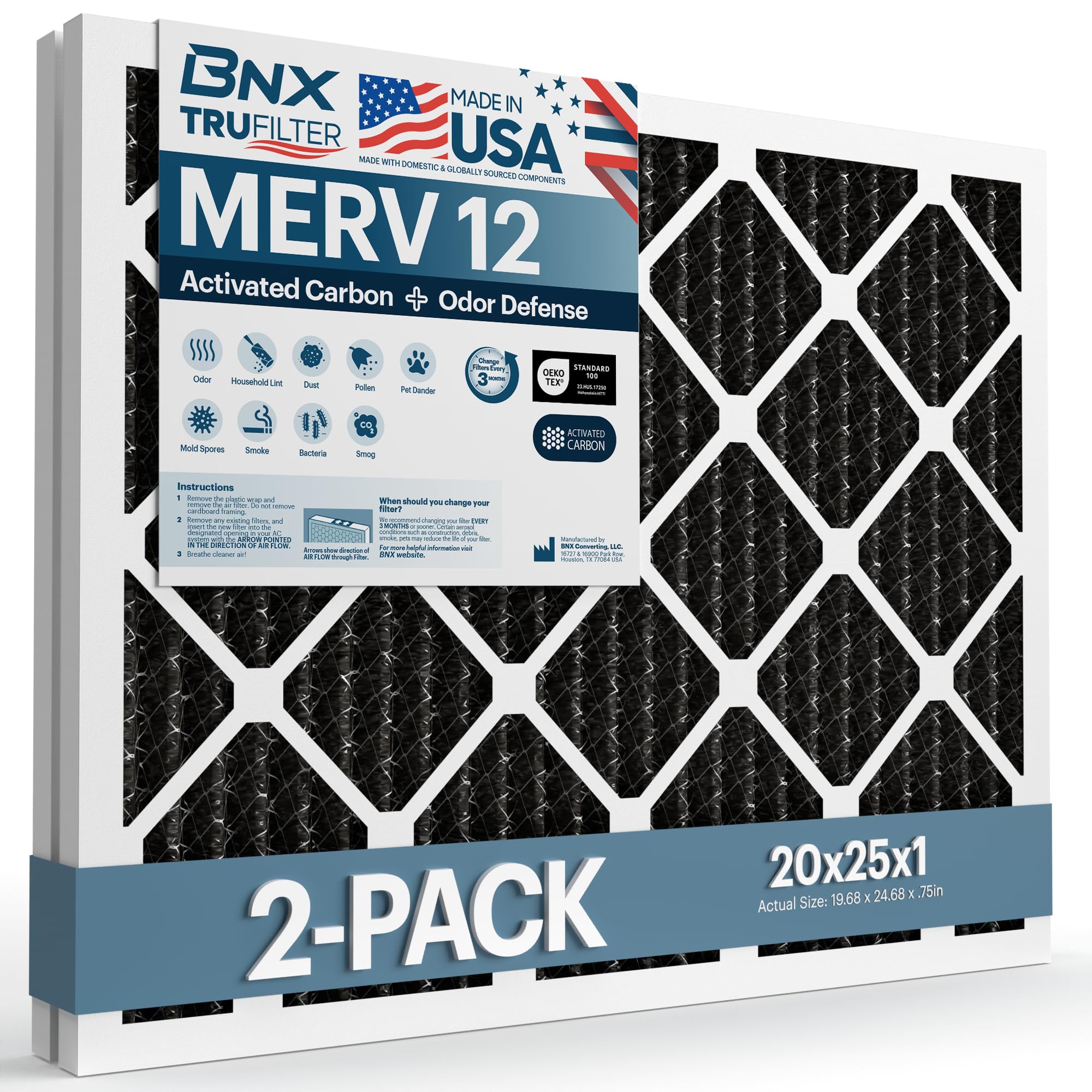 BNX TruFilter 20x25x1 MERV 12 Odor Defense (2-Pack) AC Furnace Air Filter with Activated Carbon - MADE IN USA - Pleated Air Conditioner HVAC AC Furnace Filters - Removes Odor, Mold, Bacteria, Smoke