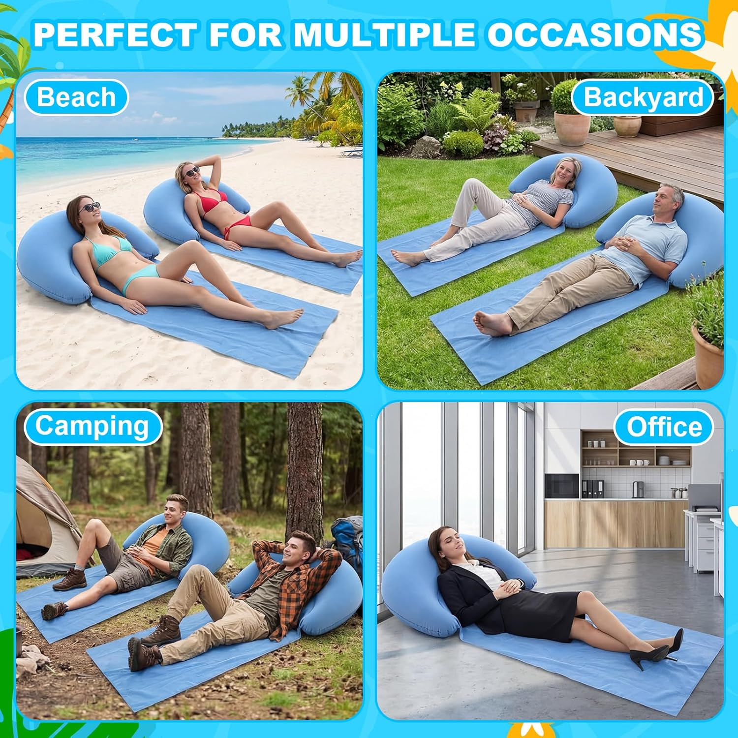 Karenhi 4 Sets Inflatable Beach Mats with Pillows, 63 x 27.6 Inch Foldable Portable Beach Sleeping Pad Set with Air Pumps & Storage Bags for Pool Camping Hiking and Outdoor Relaxation